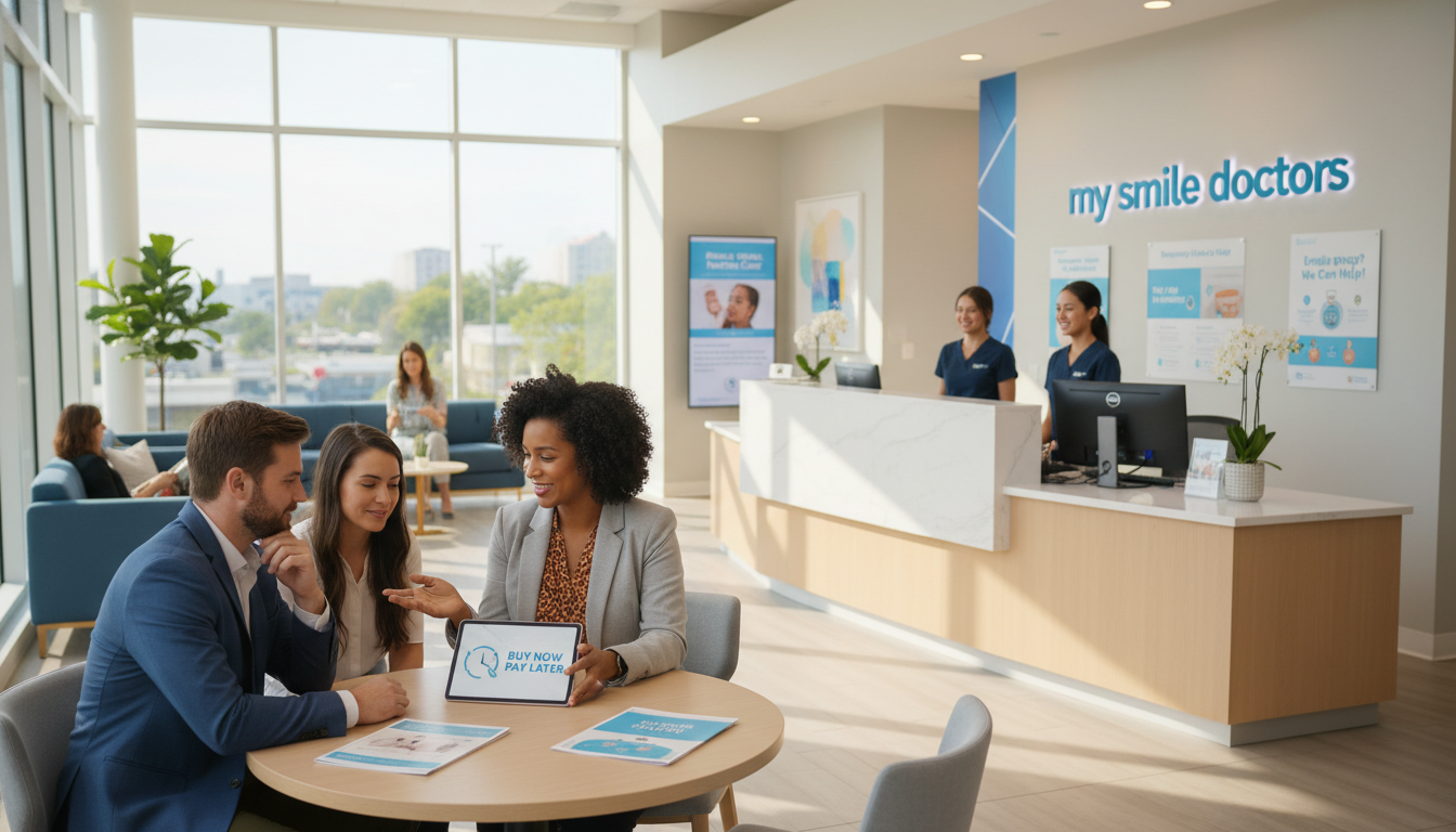 A modern and inviting dental office scene, featuring a diverse group of professional-looking individuals discussing financial options for dental care. In the foreground, a friendly dental consultant, dressed in smart casual attire, explains the "Buy Now Pay Later" service to a couple, who appear relieved and optimistic. The middle ground includes a sleek reception desk with the brand name "my smile doctors" prominently displayed, along with promotional materials about affordable financing options. In the background, bright, natural lighting pours in from large windows, creating a warm and welcoming atmosphere. The overall mood is one of hope and accessibility, emphasizing the dental financing solution for emergency care while maintaining a professional and inviting environment. A modern and inviting dental office scene, featuring a diverse group of professional-looking individuals discussing financial options for dental care. In the foreground, a friendly dental consultant, dressed in smart casual attire, explains the "Buy Now Pay Later" service to a couple, who appear relieved and optimistic. The middle ground includes a sleek reception desk with the brand name "my smile doctors" prominently displayed, along with promotional materials about affordable financing options. In the background, bright, natural lighting pours in from large windows, creating a warm and welcoming atmosphere. The overall mood is one of hope and accessibility, emphasizing the dental financing solution for emergency care while maintaining a professional and inviting environment.