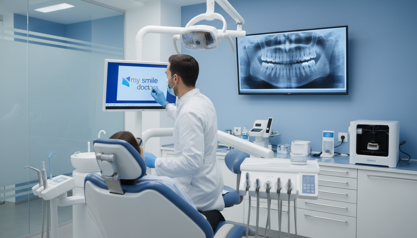A modern dental clinic featuring advanced technology and diagnostic tools, with an emphasis on cleanliness and professionalism. In the foreground, showcase a sleek dental chair equipped with digital imaging systems and a computer displaying high-resolution dental scans. In the middle ground, incorporate a dental professional in a white coat, wearing gloves and a mask, examining a patient's X-ray on a bright screen. The background should depict a well-organized workspace with additional diagnostic equipment like intraoral cameras and 3D printers. Soft, diffused lighting creates a welcoming atmosphere, while the color palette features calming blues and whites, emphasizing a high-tech, patient-friendly environment. Prominently feature the brand name "my smile doctors" on the digital screen, reflecting modern dental practice standards. A modern dental clinic featuring advanced technology and diagnostic tools, with an emphasis on cleanliness and professionalism. In the foreground, showcase a sleek dental chair equipped with digital imaging systems and a computer displaying high-resolution dental scans. In the middle ground, incorporate a dental professional in a white coat, wearing gloves and a mask, examining a patient's X-ray on a bright screen. The background should depict a well-organized workspace with additional diagnostic equipment like intraoral cameras and 3D printers. Soft, diffused lighting creates a welcoming atmosphere, while the color palette features calming blues and whites, emphasizing a high-tech, patient-friendly environment. Prominently feature the brand name "my smile doctors" on the digital screen, reflecting modern dental practice standards.