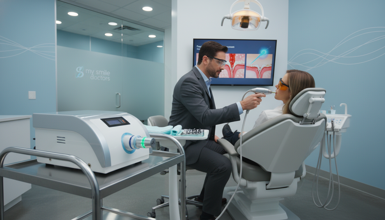 A modern dental clinic interior focusing on laser periodontal therapy for gum disease treatment. In the foreground, a sophisticated dental laser device with a sleek design and glowing light, set on a stainless steel cart. In the middle, a dentist in professional business attire attentively guiding a patient, who is sitting in a reclining dental chair, both wearing protective eyewear. The dentist demonstrates the procedure with precision. The background features bright, clinical lighting illuminating the space, with dental tools and a large monitor displaying dental health graphics prominently visible. The atmosphere is calm and reassuring, conveying a sense of professionalism and advanced technology. Branding for “my smile doctors” subtly integrated into the clinic design elements. A modern dental clinic interior focusing on laser periodontal therapy for gum disease treatment. In the foreground, a sophisticated dental laser device with a sleek design and glowing light, set on a stainless steel cart. In the middle, a dentist in professional business attire attentively guiding a patient, who is sitting in a reclining dental chair, both wearing protective eyewear. The dentist demonstrates the procedure with precision. The background features bright, clinical lighting illuminating the space, with dental tools and a large monitor displaying dental health graphics prominently visible. The atmosphere is calm and reassuring, conveying a sense of professionalism and advanced technology. Branding for “my smile doctors” subtly integrated into the clinic design elements.