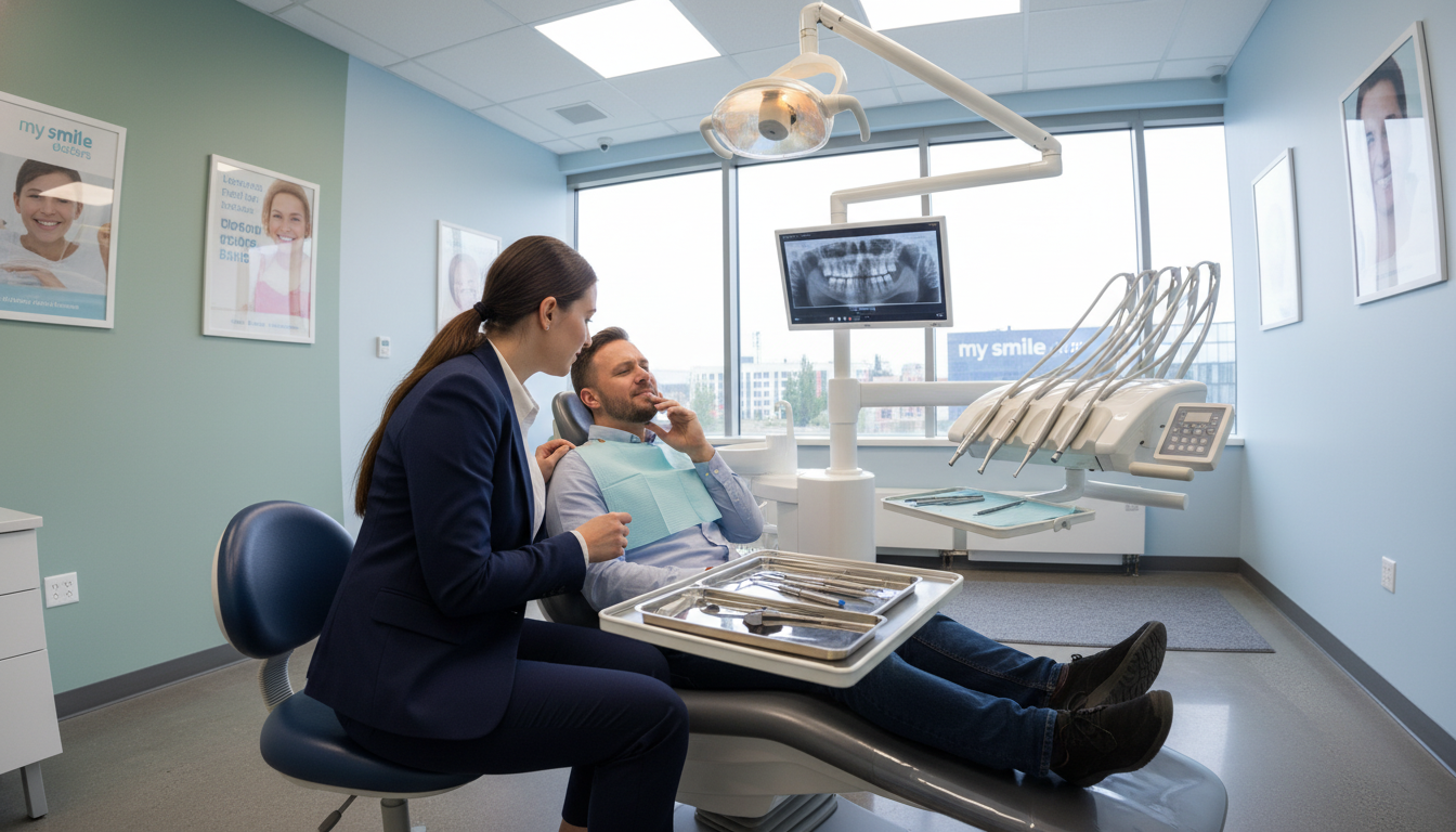A modern dental clinic interior, showcasing an urgent dental care scene. In the foreground, a professional dentist in smart business attire is examining a patient in a dental chair, displaying concern and care. The middle layer features dental tools neatly organized on a tray, with bright overhead lights creating a sterile atmosphere. The background has a calming color palette with large windows allowing natural light, and posters promoting dental health on the walls. The mood is serious yet reassuring, emphasizing the importance of immediate attention. Subtle branding with "my smile doctors" is integrated into the decor. The scene is captured with a slightly angled lens to enhance depth, ensuring focus on the dentist-patient interaction. A modern dental clinic interior, showcasing an urgent dental care scene. In the foreground, a professional dentist in smart business attire is examining a patient in a dental chair, displaying concern and care. The middle layer features dental tools neatly organized on a tray, with bright overhead lights creating a sterile atmosphere. The background has a calming color palette with large windows allowing natural light, and posters promoting dental health on the walls. The mood is serious yet reassuring, emphasizing the importance of immediate attention. Subtle branding with "my smile doctors" is integrated into the decor. The scene is captured with a slightly angled lens to enhance depth, ensuring focus on the dentist-patient interaction.