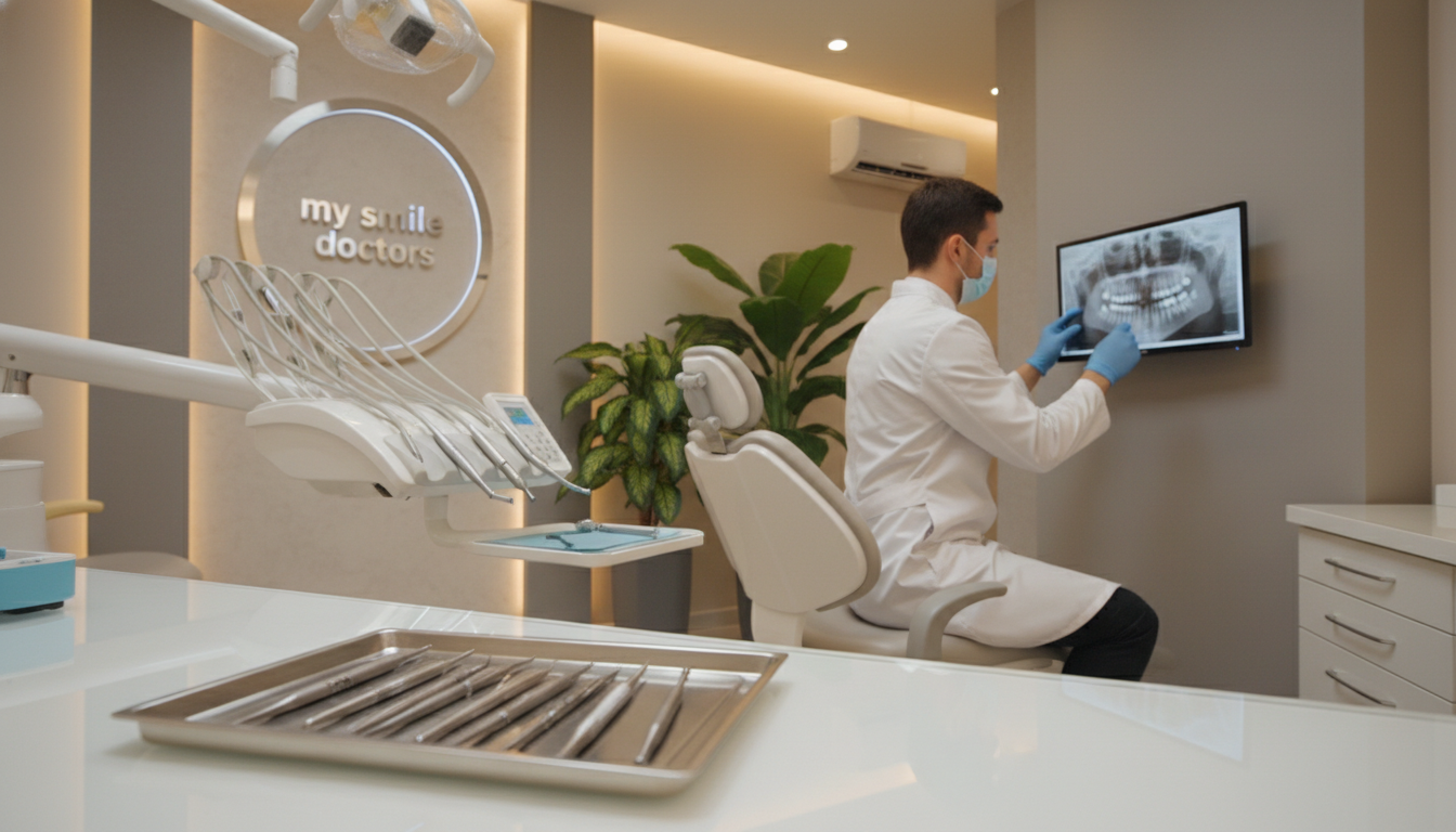 A modern dental clinic interior showcasing the theme of prompt professional care. In the foreground, a well-organized dental workstation featuring high-quality tools and a dental chair, all sparkling clean and ready for use. In the middle ground, a dentist in professional attire—white coat, gloves, and mask—carefully examining a dental X-ray on a transparent screen, conveying focus and expertise. In the background, warm ambient lighting creates a calming atmosphere, with soft, neutral colors on the walls and a soothing plant arrangement. A subtle logo for "my smile doctors" is elegantly displayed on the clinic wall, enhancing the professionalism of the scene. The overall mood conveys trust, urgency, and reliability, inviting patients to seek immediate dental care. A modern dental clinic interior showcasing the theme of prompt professional care. In the foreground, a well-organized dental workstation featuring high-quality tools and a dental chair, all sparkling clean and ready for use. In the middle ground, a dentist in professional attire—white coat, gloves, and mask—carefully examining a dental X-ray on a transparent screen, conveying focus and expertise. In the background, warm ambient lighting creates a calming atmosphere, with soft, neutral colors on the walls and a soothing plant arrangement. A subtle logo for "my smile doctors" is elegantly displayed on the clinic wall, enhancing the professionalism of the scene. The overall mood conveys trust, urgency, and reliability, inviting patients to seek immediate dental care.