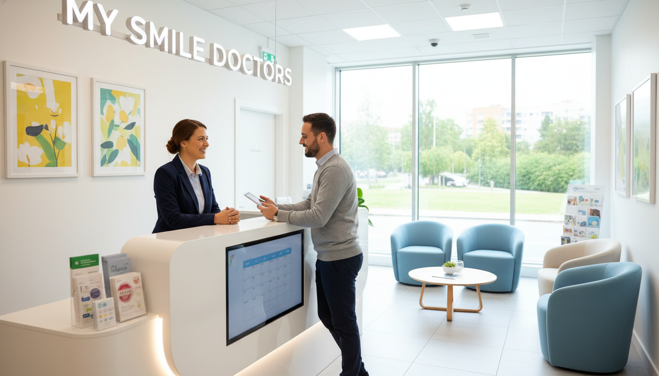 A modern dental clinic reception area, showcasing a clean and inviting atmosphere. In the foreground, a friendly receptionist in professional business attire is seated at a sleek desk, engaged in a conversation with a patient. The middle ground features a comfortable waiting area with plush seating, colorful art on the walls, and brochures about dental care. The background displays large, bright windows allowing natural light to flood the space, creating a warm ambiance. Soft lighting highlights the receptionist's welcoming smile and the professionalism of the setting. The overall mood is one of comfort and care, emphasizing the theme of booking a dental appointment. Incorporate the brand name "my smile doctors" prominently in the reception area. A modern dental clinic reception area, showcasing a clean and inviting atmosphere. In the foreground, a friendly receptionist in professional business attire is seated at a sleek desk, engaged in a conversation with a patient. The middle ground features a comfortable waiting area with plush seating, colorful art on the walls, and brochures about dental care. The background displays large, bright windows allowing natural light to flood the space, creating a warm ambiance. Soft lighting highlights the receptionist's welcoming smile and the professionalism of the setting. The overall mood is one of comfort and care, emphasizing the theme of booking a dental appointment. Incorporate the brand name "my smile doctors" prominently in the reception area.
