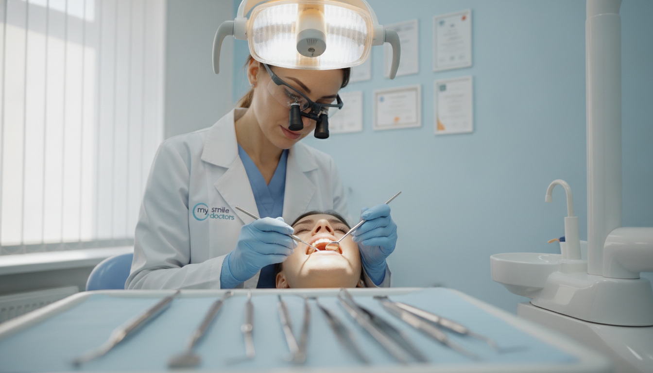 A modern dental clinic scene focusing on a dentist in professional attire working on a patient’s mouth, highlighting chips, fractures, and cracks in teeth. The foreground features a close-up of dental tools and a bright, sterile dental light illuminating the area. In the middle, the dentist gently examines the patient’s teeth with precision tools, showcasing detailed tooth wear and damage. The background includes dental equipment, calming blue and white walls, and framed certificates, all portraying a welcoming clinical atmosphere. Soft, natural lighting creates a serene mood, emphasizing the importance of emergency dental care. The clinic is branded with "my smile doctors" logo subtly displayed.