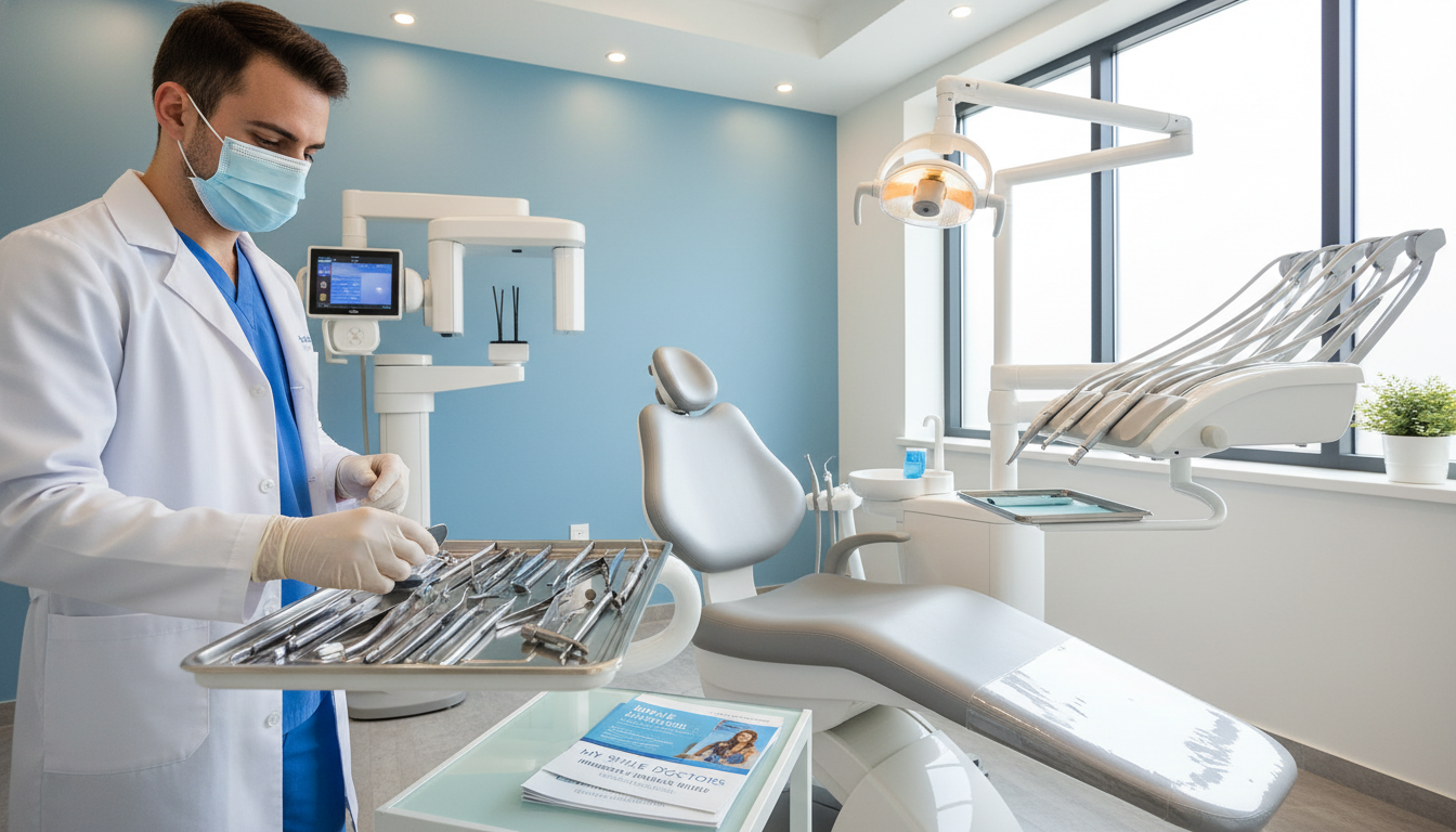 A modern dental clinic setting designed for emergency appointments, featuring a clean, bright atmosphere. In the foreground, a dental professional in a crisp white coat and mask is preparing tools on a sleek, stainless steel tray. In the middle ground, a comfortable dental chair awaits a patient, surrounded by soothing blue walls and gentle lighting that creates a calming effect. A small table holds informational brochures about immediate pain relief services from "my smile doctors". The background shows a high-tech dental machine and a window with natural light streaming in, enhancing the welcoming environment. The overall mood is professional yet reassuring, evoking a sense of readiness and care for patients in need of urgent dental assistance. A modern dental clinic setting designed for emergency appointments, featuring a clean, bright atmosphere. In the foreground, a dental professional in a crisp white coat and mask is preparing tools on a sleek, stainless steel tray. In the middle ground, a comfortable dental chair awaits a patient, surrounded by soothing blue walls and gentle lighting that creates a calming effect. A small table holds informational brochures about immediate pain relief services from "my smile doctors". The background shows a high-tech dental machine and a window with natural light streaming in, enhancing the welcoming environment. The overall mood is professional yet reassuring, evoking a sense of readiness and care for patients in need of urgent dental assistance.