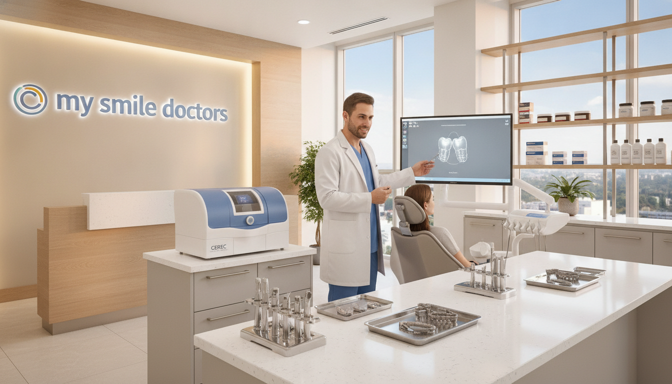 A modern dental clinic showcasing "my smile doctors" branding, featuring a state-of-the-art CEREC machine in a well-equipped operatory. In the foreground, a friendly dentist in professional attire, focused and attentive, is demonstrating the CEREC crown creation process to a patient. The dentist is standing next to a sleek dental chair and a digital screen displaying a 3D crown model. The middle ground depicts various dental tools neatly arranged on a clean counter. Soft, warm lighting fills the space, enhancing the welcoming atmosphere, with large windows revealing a bright, sunny day outside. The background shows well-organized shelves filled with dental supplies, all reflecting a clean and professional environment.