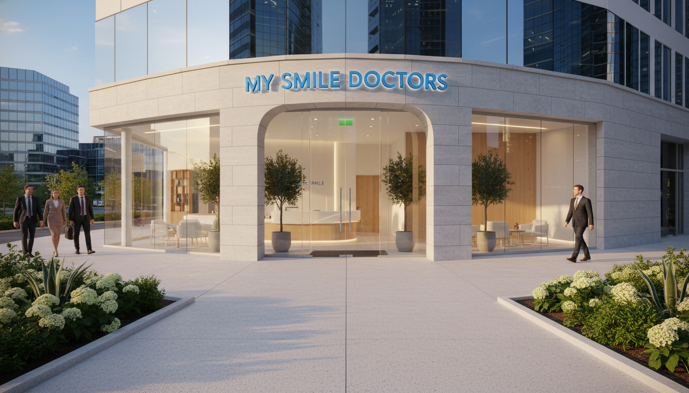 A modern emergency clinic exterior named “my smile doctors,” prominently displayed above the entrance. In the foreground, a welcoming entrance with clear glass doors and large windows showcasing a clean, bright waiting area. In the middle ground, a well-maintained pathway leads to the entrance, flanked by greenery and small potted plants. The background features a cityscape with contemporary buildings under a clear blue sky. Soft, natural sunlight illuminates the scene, creating a warm and inviting atmosphere. A few people in professional business attire walk by, emphasizing accessibility and professionalism. The angle should be slightly tilted upwards, giving a sense of openness and approachability, perfect for a dental clinic. A modern emergency clinic exterior named “my smile doctors,” prominently displayed above the entrance. In the foreground, a welcoming entrance with clear glass doors and large windows showcasing a clean, bright waiting area. In the middle ground, a well-maintained pathway leads to the entrance, flanked by greenery and small potted plants. The background features a cityscape with contemporary buildings under a clear blue sky. Soft, natural sunlight illuminates the scene, creating a warm and inviting atmosphere. A few people in professional business attire walk by, emphasizing accessibility and professionalism. The angle should be slightly tilted upwards, giving a sense of openness and approachability, perfect for a dental clinic.