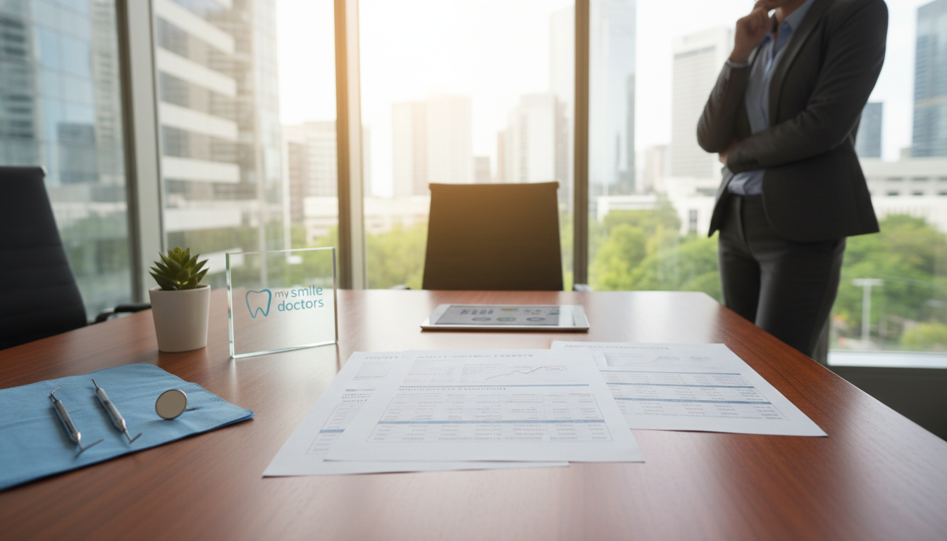 A professional and modern office setting featuring financial documents related to private health insurance rebates prominently displayed on a sleek wooden desk, illuminated by warm, natural lighting from a large window in the background. In the foreground, a set of dental tools and a small plant add a touch of life to the scene. The articles and spreadsheets are neatly organized, showcasing reimbursement percentages and benefits in clear, legible formats. A business professional in modest attire is standing nearby, examining the documents with a thoughtful expression. The atmosphere conveys a sense of trust and diligence, reflecting the importance of financial considerations in healthcare. Incorporate subtle branding elements for "my smile doctors," ensuring it integrates seamlessly into the professional aesthetic. The perspective captures the depth of the office space, inviting the viewer to connect with the scene. A professional and modern office setting featuring financial documents related to private health insurance rebates prominently displayed on a sleek wooden desk, illuminated by warm, natural lighting from a large window in the background. In the foreground, a set of dental tools and a small plant add a touch of life to the scene. The articles and spreadsheets are neatly organized, showcasing reimbursement percentages and benefits in clear, legible formats. A business professional in modest attire is standing nearby, examining the documents with a thoughtful expression. The atmosphere conveys a sense of trust and diligence, reflecting the importance of financial considerations in healthcare. Incorporate subtle branding elements for "my smile doctors," ensuring it integrates seamlessly into the professional aesthetic. The perspective captures the depth of the office space, inviting the viewer to connect with the scene.