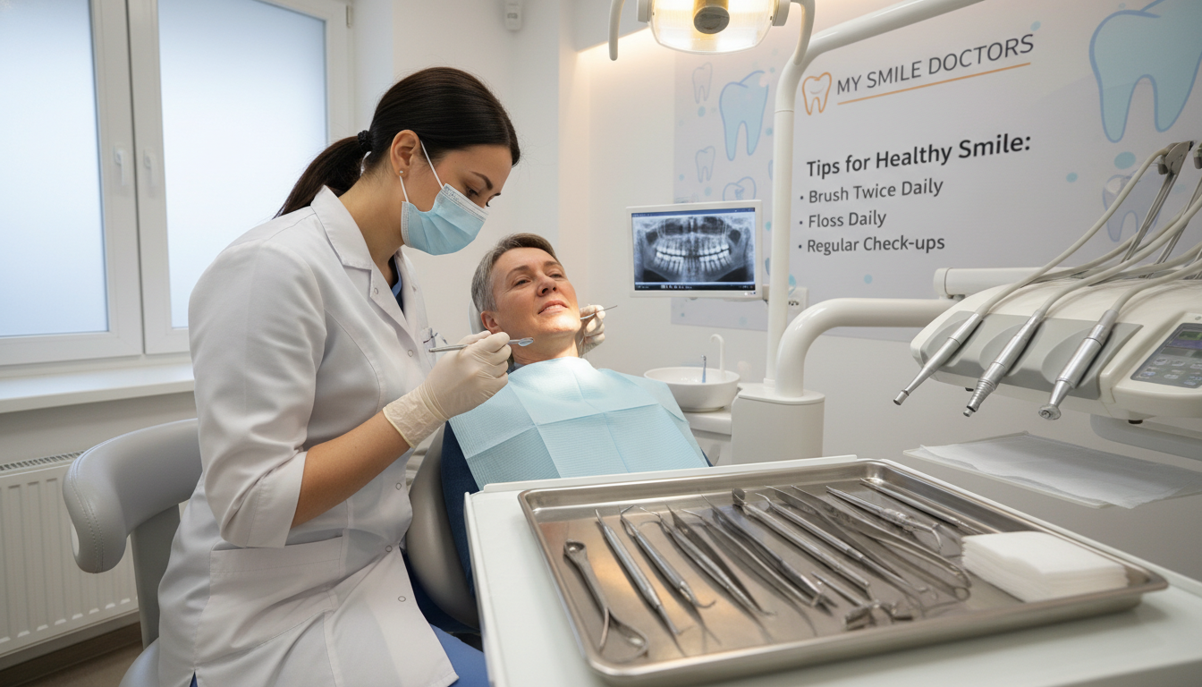 A professional dental clinic interior during an emergency dental treatment. In the foreground, a dentist in a white coat with a mask is attentively examining a patient in a dental chair. The patient, a middle-aged person, displays a look of concern balanced with relief. In the middle ground, clean dental tools and equipment are laid out on a stainless steel tray. Soft, diffused lighting creates a calming atmosphere, enhancing the white and blue color scheme of the clinic. In the background, a poster showing dental care tips is visible on a wall, promoting the brand "my smile doctors". The angle is slightly angled from above to capture both the interaction and the environment, emphasizing the specialized care being provided. A professional dental clinic interior during an emergency dental treatment. In the foreground, a dentist in a white coat with a mask is attentively examining a patient in a dental chair. The patient, a middle-aged person, displays a look of concern balanced with relief. In the middle ground, clean dental tools and equipment are laid out on a stainless steel tray. Soft, diffused lighting creates a calming atmosphere, enhancing the white and blue color scheme of the clinic. In the background, a poster showing dental care tips is visible on a wall, promoting the brand "my smile doctors". The angle is slightly angled from above to capture both the interaction and the environment, emphasizing the specialized care being provided.