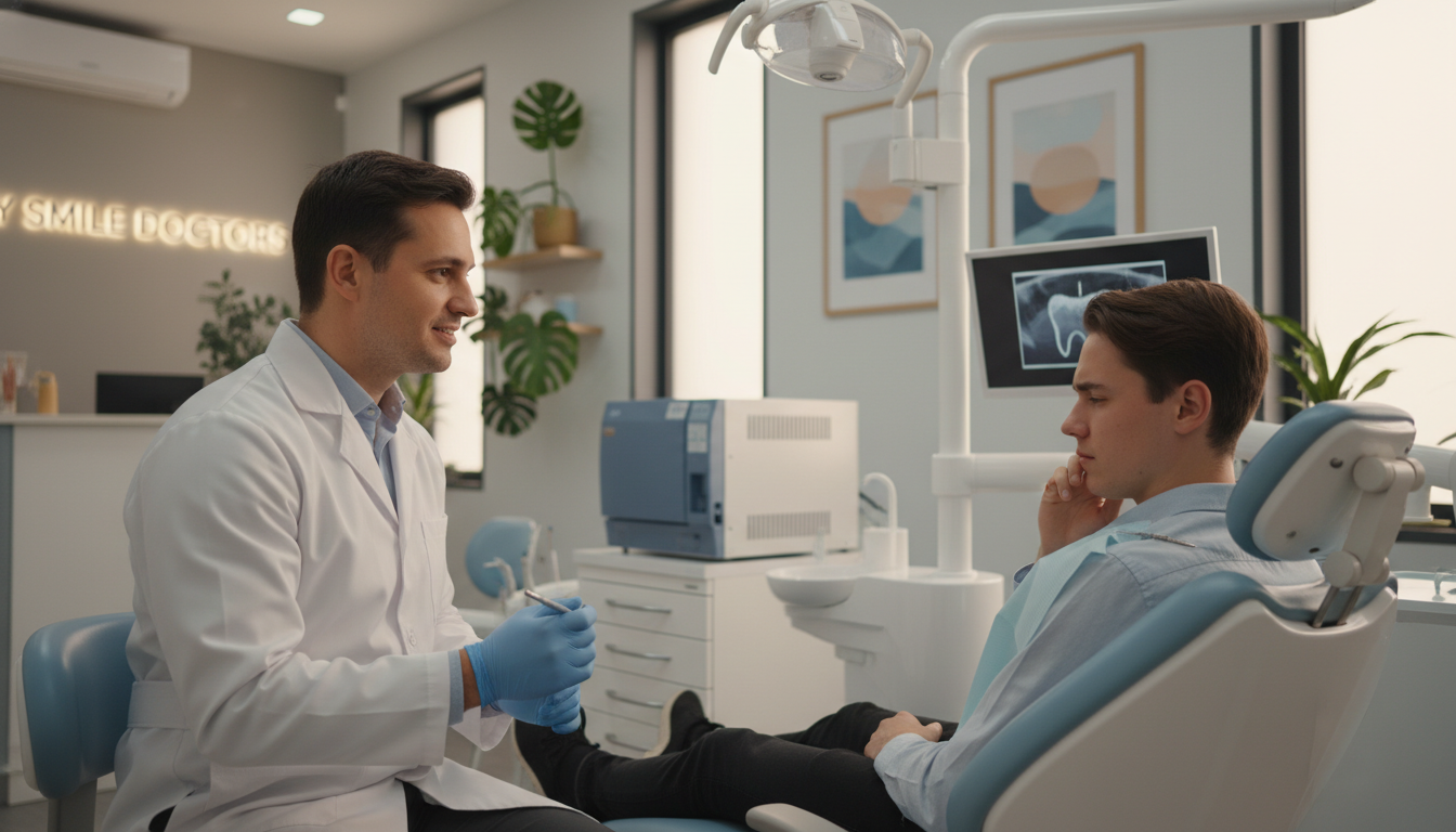A professional dental clinic setting, showcasing an urgent scene of emergency dental care. In the foreground, a friendly dentist in a white coat and blue gloves is holding a dental tool, with a caring expression as they assist a patient experiencing discomfort, who is sitting in a modern dental chair. The middle ground features high-quality dental equipment, such as X-ray machines and sterilization tools, enhancing the clinical atmosphere. In the background, soft, warm lighting creates a comforting ambiance, with potted plants and calming wall art displayed. The overall mood is one of urgency yet professionalism, reflecting the care patients receive at "my smile doctors". The angle is slightly elevated, capturing both the dentist and the patient, emphasizing their interaction and the clinical environment. A professional dental clinic setting, showcasing an urgent scene of emergency dental care. In the foreground, a friendly dentist in a white coat and blue gloves is holding a dental tool, with a caring expression as they assist a patient experiencing discomfort, who is sitting in a modern dental chair. The middle ground features high-quality dental equipment, such as X-ray machines and sterilization tools, enhancing the clinical atmosphere. In the background, soft, warm lighting creates a comforting ambiance, with potted plants and calming wall art displayed. The overall mood is one of urgency yet professionalism, reflecting the care patients receive at "my smile doctors". The angle is slightly elevated, capturing both the dentist and the patient, emphasizing their interaction and the clinical environment.
