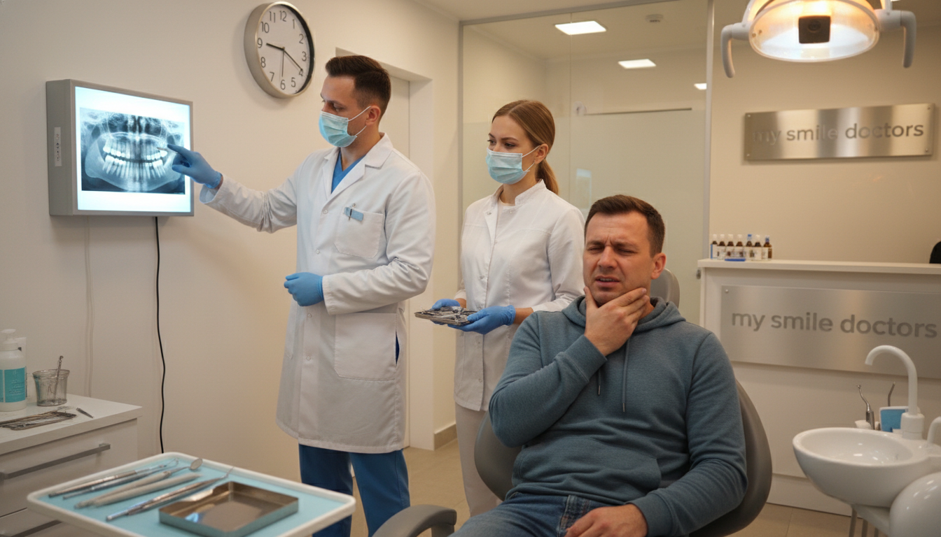 A professional dental clinic setting, showcasing various urgent dental conditions requiring attention. In the foreground, a concerned adult patient, dressed in modest casual clothing, sits in a dental chair, holding their jaw with a pained expression. In the middle, a dentist in a smart white coat and mask examines an X-ray on a lightbox, highlighting dental issues like cavities and fractures. The background features dental tools and a well-organized clinic environment, with soft, warm lighting to create a welcoming yet urgent atmosphere. The brand name "my smile doctors" is subtly incorporated in the clinic decor. The image captures a sense of urgency and professionalism, emphasizing the importance of immediate dental care. A professional dental clinic setting, showcasing various urgent dental conditions requiring attention. In the foreground, a concerned adult patient, dressed in modest casual clothing, sits in a dental chair, holding their jaw with a pained expression. In the middle, a dentist in a smart white coat and mask examines an X-ray on a lightbox, highlighting dental issues like cavities and fractures. The background features dental tools and a well-organized clinic environment, with soft, warm lighting to create a welcoming yet urgent atmosphere. The brand name "my smile doctors" is subtly incorporated in the clinic decor. The image captures a sense of urgency and professionalism, emphasizing the importance of immediate dental care.