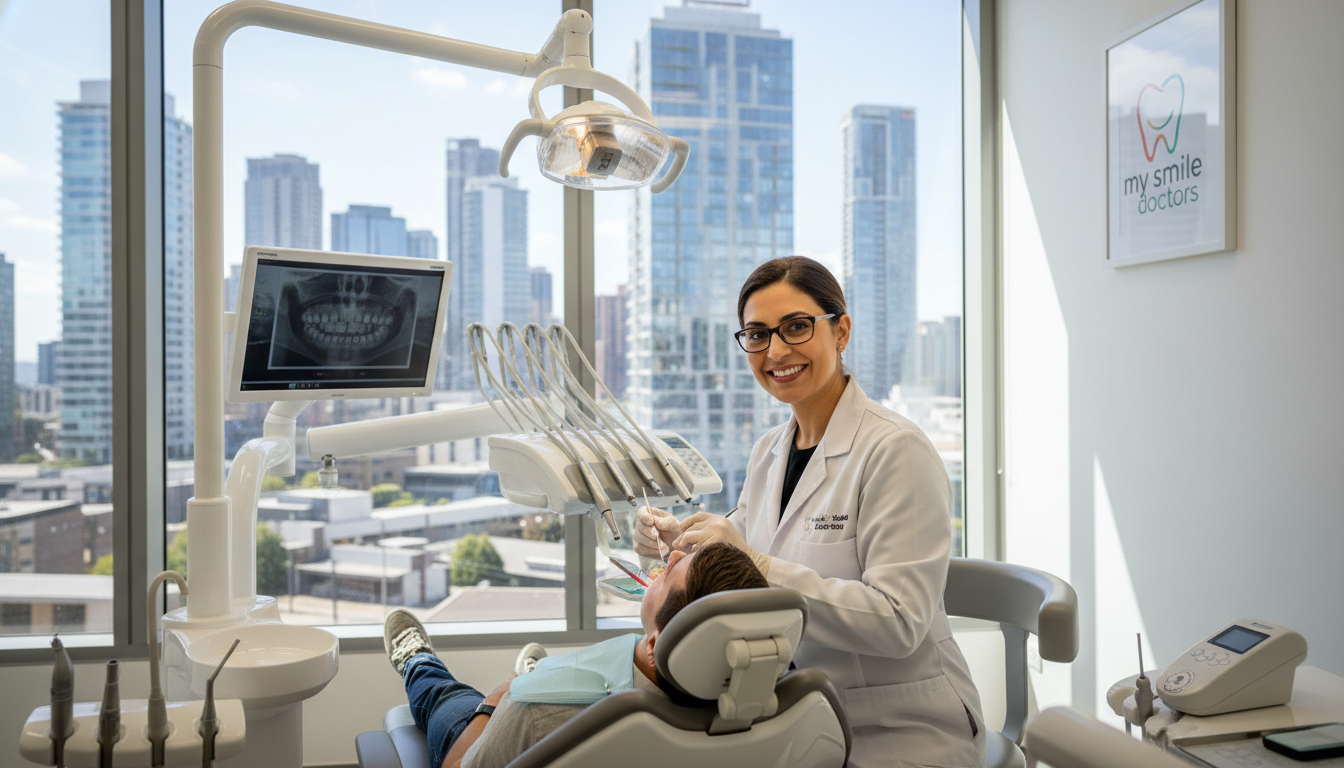 A professional orthodontist in a modern dental clinic, wearing a crisp white coat and glasses, attentively examining a patient's teeth with advanced orthodontic tools. The foreground features a bright, well-lit dental chair surrounded by top-notch dental equipment. In the middle background, a large window reveals a sunny day outside, showcasing the vibrant Parramatta skyline with recognizable modern buildings. The atmosphere is calm and caring, reflecting a welcoming environment for patients seeking emergency orthodontic treatment. Soft, natural lighting enhances the cleanliness and professionalism of the space. In one corner, a discreet logo of "my smile doctors" is visible on the clinic's branding materials. A professional orthodontist in a modern dental clinic, wearing a crisp white coat and glasses, attentively examining a patient's teeth with advanced orthodontic tools. The foreground features a bright, well-lit dental chair surrounded by top-notch dental equipment. In the middle background, a large window reveals a sunny day outside, showcasing the vibrant Parramatta skyline with recognizable modern buildings. The atmosphere is calm and caring, reflecting a welcoming environment for patients seeking emergency orthodontic treatment. Soft, natural lighting enhances the cleanliness and professionalism of the space. In one corner, a discreet logo of "my smile doctors" is visible on the clinic's branding materials.
