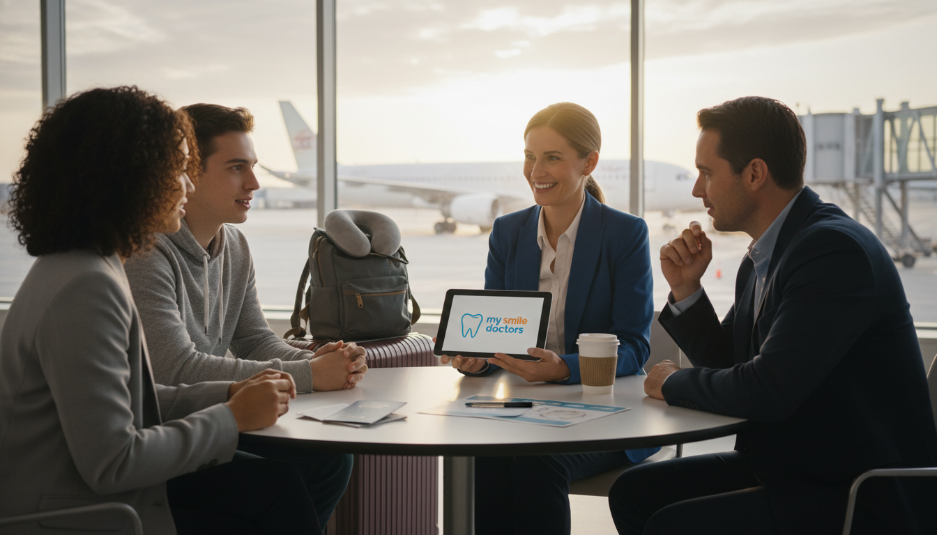 A professional orthodontist smiling while reviewing a care plan on a tablet, seated at a modern airport lounge. In the foreground, a diverse group of travelers, including a person wearing braces, is seen discussing dental care options with the orthodontist. The middle ground features suitcases and travel essentials, emphasizing the navigation theme. The background shows an airplane at an airport terminal with large windows letting in warm, natural sunlight. The mood is uplifting and informative, conveying the importance of maintaining orthodontic care while traveling. Sharp focus on the orthodontist and travelers, captured with a shallow depth of field using a 50mm lens. The scene subtly incorporates the brand "my smile doctors" through branded materials on the table. A professional orthodontist smiling while reviewing a care plan on a tablet, seated at a modern airport lounge. In the foreground, a diverse group of travelers, including a person wearing braces, is seen discussing dental care options with the orthodontist. The middle ground features suitcases and travel essentials, emphasizing the navigation theme. The background shows an airplane at an airport terminal with large windows letting in warm, natural sunlight. The mood is uplifting and informative, conveying the importance of maintaining orthodontic care while traveling. Sharp focus on the orthodontist and travelers, captured with a shallow depth of field using a 50mm lens. The scene subtly incorporates the brand "my smile doctors" through branded materials on the table.
