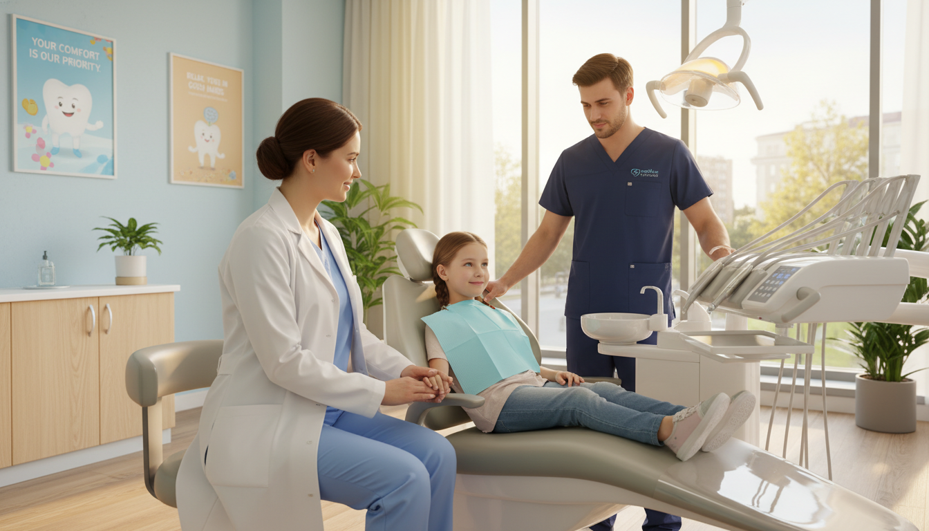 A scene of compassionate patient care in a modern dental clinic. In the foreground, a caring dentist in a white coat and a dental assistant in scrubs providing gentle support to a young patient sitting comfortably in a dental chair, smiling reassuringly. The middle ground features sleek dental equipment and friendly posters on the walls emphasizing reassurance. In the background, warm, natural light streams through large windows, creating a welcoming atmosphere. Soft colors and a clean design enhance the mood of tranquility and trust. The clinic's logo, "my smile doctors," is subtly included on the dental equipment. The image conveys a sense of professionalism and empathy, embodying the essence of patient-centered care. A scene of compassionate patient care in a modern dental clinic. In the foreground, a caring dentist in a white coat and a dental assistant in scrubs providing gentle support to a young patient sitting comfortably in a dental chair, smiling reassuringly. The middle ground features sleek dental equipment and friendly posters on the walls emphasizing reassurance. In the background, warm, natural light streams through large windows, creating a welcoming atmosphere. Soft colors and a clean design enhance the mood of tranquility and trust. The clinic's logo, "my smile doctors," is subtly included on the dental equipment. The image conveys a sense of professionalism and empathy, embodying the essence of patient-centered care.