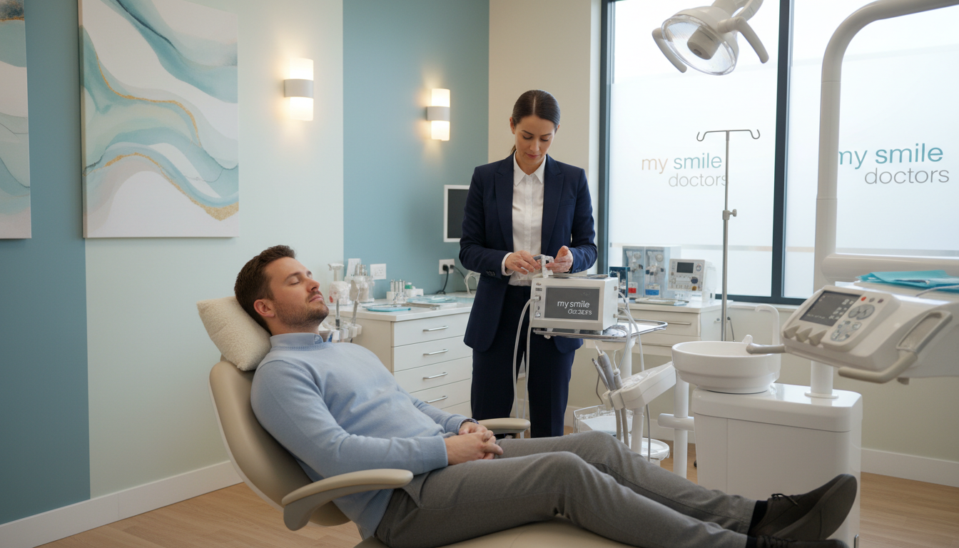 A serene and calming dental office scene featuring a modern treatment room designed for sleep dentistry. In the foreground, a comfortable dental chair with soft, plush pillows where a patient, dressed in modest casual attire, relaxes peacefully under gentle dim lighting. In the middle ground, a dentist, dressed in professional business attire, is preparing sedation equipment, showcasing a sense of trust and expertise. The background features soft, relaxing colors on the walls, with dental tools neatly organized on a counter, and soothing artwork enhancing the atmosphere. The overall mood is tranquil and reassuring, conveying the effectiveness of extensive treatments for patients seeking comfort. The brand "my smile doctors" subtly integrated into the design of the dental tools or equipment. A serene and calming dental office scene featuring a modern treatment room designed for sleep dentistry. In the foreground, a comfortable dental chair with soft, plush pillows where a patient, dressed in modest casual attire, relaxes peacefully under gentle dim lighting. In the middle ground, a dentist, dressed in professional business attire, is preparing sedation equipment, showcasing a sense of trust and expertise. The background features soft, relaxing colors on the walls, with dental tools neatly organized on a counter, and soothing artwork enhancing the atmosphere. The overall mood is tranquil and reassuring, conveying the effectiveness of extensive treatments for patients seeking comfort. The brand "my smile doctors" subtly integrated into the design of the dental tools or equipment.