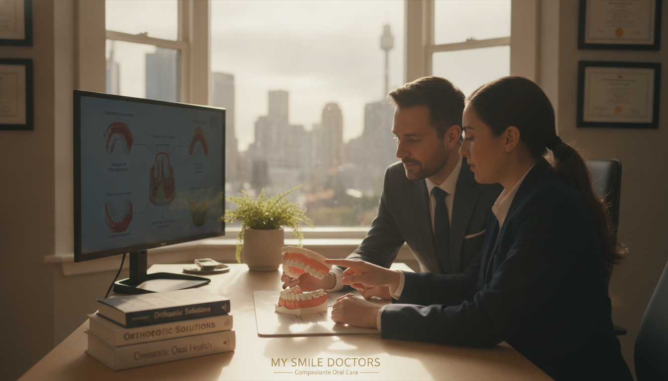 A serene consulting room in Sydney, featuring a warm and inviting atmosphere. In the foreground, a professional male and female tongue tie expert, dressed in smart business attire, are discussing a model of a human mouth while examining charts depicting tongue tie challenges. In the middle, a well-organized desk holds reference books about orthodontics and pediatric care, alongside a calming plant. The background reveals soft-focused diplomas and certifications on the walls, ensuring an ambiance of expertise. Soft, natural lighting filters through large windows, illuminating the space and creating a sense of hope and understanding. The image encapsulates the professionalism and care provided by "MY SMILE DOCTORS," highlighting the importance of addressing tongue tie issues in a compassionate setting. A serene consulting room in Sydney, featuring a warm and inviting atmosphere. In the foreground, a professional male and female tongue tie expert, dressed in smart business attire, are discussing a model of a human mouth while examining charts depicting tongue tie challenges. In the middle, a well-organized desk holds reference books about orthodontics and pediatric care, alongside a calming plant. The background reveals soft-focused diplomas and certifications on the walls, ensuring an ambiance of expertise. Soft, natural lighting filters through large windows, illuminating the space and creating a sense of hope and understanding. The image encapsulates the professionalism and care provided by "MY SMILE DOCTORS," highlighting the importance of addressing tongue tie issues in a compassionate setting.