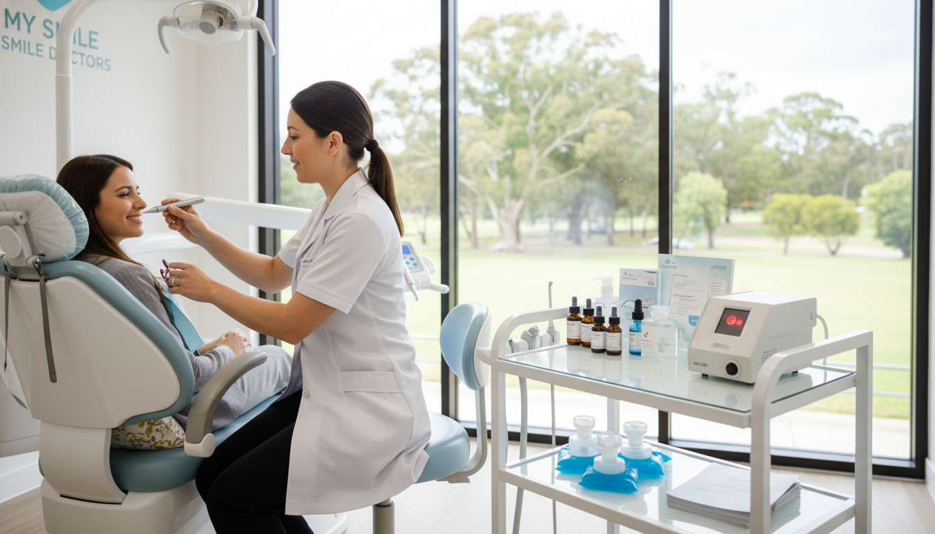 A serene dental care scene at "my smile doctors," showcasing various pain management options for patients. In the foreground, a cozy dental chair with a soft cushion and a stylish pillow, featuring a smiling patient in professional attire receiving compassionate care from a dentist in a white coat. The middle ground displays an array of pain management tools, such as calming aromatherapy oils, ice packs, and a gentle laser treatment device, all arranged neatly on a modern treatment cart. In the background, large windows bathe the room in natural light, highlighting a peaceful outdoor view of Parramatta's greenery. The atmosphere is warm and welcoming, evoking a sense of comfort and trust, perfect for reassuring patients during their dental visits. A serene dental care scene at "my smile doctors," showcasing various pain management options for patients. In the foreground, a cozy dental chair with a soft cushion and a stylish pillow, featuring a smiling patient in professional attire receiving compassionate care from a dentist in a white coat. The middle ground displays an array of pain management tools, such as calming aromatherapy oils, ice packs, and a gentle laser treatment device, all arranged neatly on a modern treatment cart. In the background, large windows bathe the room in natural light, highlighting a peaceful outdoor view of Parramatta's greenery. The atmosphere is warm and welcoming, evoking a sense of comfort and trust, perfect for reassuring patients during their dental visits.