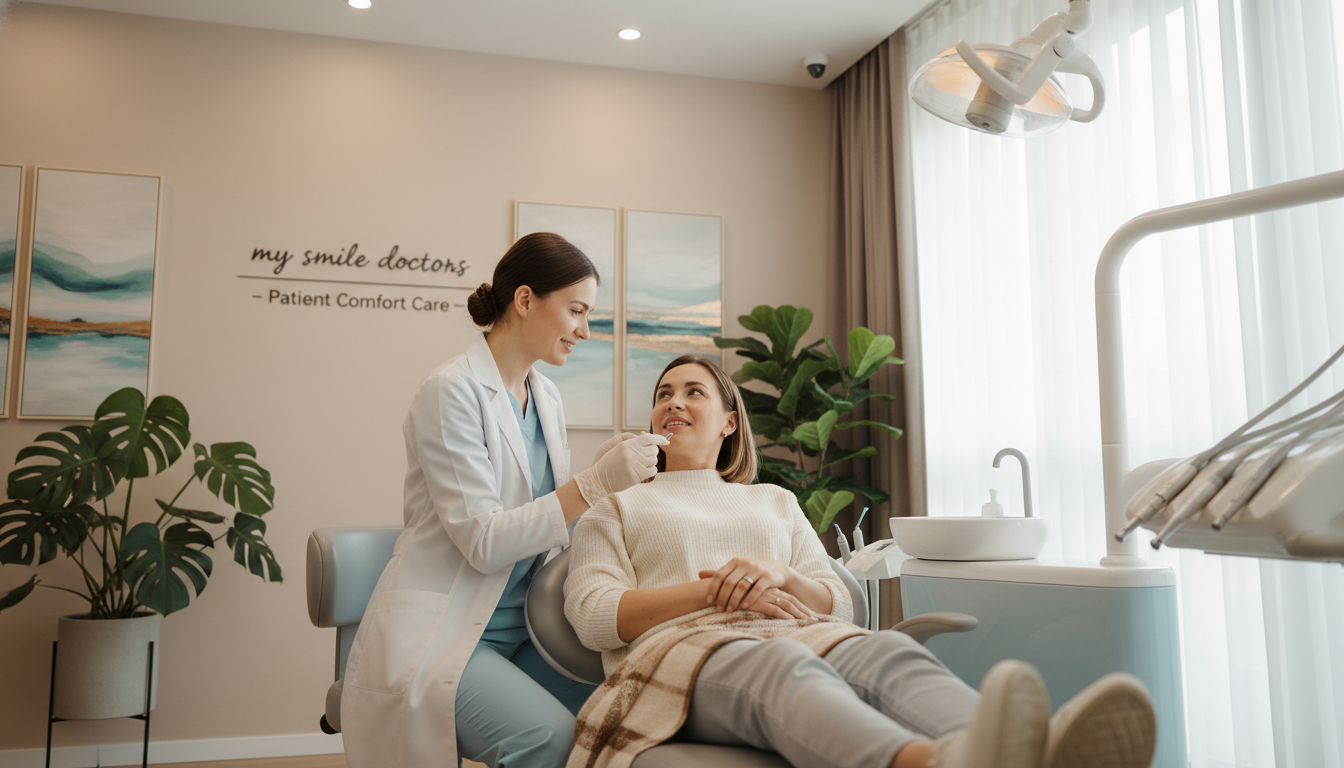 A serene dental clinic environment illustrating "patient comfort care" for a dental service called "my smile doctors." In the foreground, a friendly and professional female dentist wearing a lab coat and gloves, gently consulting with a patient in a comfortable dental chair. The patient appears relaxed, adorned in modest casual attire, and surrounded by soft cushions and a warm blanket. The middle ground showcases a well-organized dental setup with calming colors and natural light pouring through large windows, enhancing the peaceful atmosphere. In the background, lush indoor plants and soothing artwork contribute to a welcoming, healing environment. Use soft lighting to create a tranquil mood, and employ a slight upward angle to emphasize a sense of care and professionalism. A serene dental clinic environment illustrating "patient comfort care" for a dental service called "my smile doctors." In the foreground, a friendly and professional female dentist wearing a lab coat and gloves, gently consulting with a patient in a comfortable dental chair. The patient appears relaxed, adorned in modest casual attire, and surrounded by soft cushions and a warm blanket. The middle ground showcases a well-organized dental setup with calming colors and natural light pouring through large windows, enhancing the peaceful atmosphere. In the background, lush indoor plants and soothing artwork contribute to a welcoming, healing environment. Use soft lighting to create a tranquil mood, and employ a slight upward angle to emphasize a sense of care and professionalism.