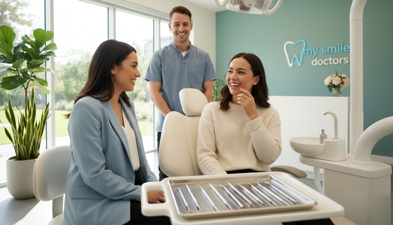 A serene dental clinic environment showcasing the benefits of professional dental care. In the foreground, a smiling dental professional in smart business attire is engaging with a patient, radiating a sense of trust and warmth. In the middle, a comforting dental chair with modern tools arranged neatly, symbolizing readiness and professionalism. The background features soft, natural lighting streaming through large windows, with calming colors on the walls and plants enhancing the atmosphere. A subtle logo of "my smile doctors" is visible on a wall, adding a professional touch. The scene conveys a mood of reassurance and happiness, emphasizing the positive outcomes of choosing expert dental services. A serene dental clinic environment showcasing the benefits of professional dental care. In the foreground, a smiling dental professional in smart business attire is engaging with a patient, radiating a sense of trust and warmth. In the middle, a comforting dental chair with modern tools arranged neatly, symbolizing readiness and professionalism. The background features soft, natural lighting streaming through large windows, with calming colors on the walls and plants enhancing the atmosphere. A subtle logo of "my smile doctors" is visible on a wall, adding a professional touch. The scene conveys a mood of reassurance and happiness, emphasizing the positive outcomes of choosing expert dental services.