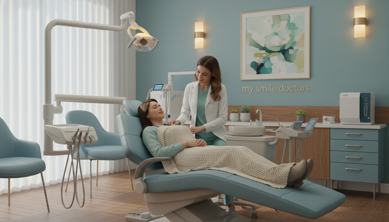 A serene dental clinic interior, focusing on patient comfort, centered around a welcoming dental chair with plush cushioning, adorned in soothing pastel colors. In the foreground, a caring dental professional, dressed in professional scrubs, gently interacts with a relaxed patient, who is comfortably draped with a soft blanket. The middle ground features warm, ambient lighting that enhances the inviting atmosphere, with small potted plants and calming artwork on the walls, promoting a sense of tranquility. The background subtly showcases high-quality dental equipment neatly organized, conveying professionalism. Soft natural light filters in through large windows, creating an uplifting and reassuring mood. Include the brand name "my smile doctors" subtly in the environment, ensuring a connection to quality care while maintaining the focus on patient comfort. A serene dental clinic interior, focusing on patient comfort, centered around a welcoming dental chair with plush cushioning, adorned in soothing pastel colors. In the foreground, a caring dental professional, dressed in professional scrubs, gently interacts with a relaxed patient, who is comfortably draped with a soft blanket. The middle ground features warm, ambient lighting that enhances the inviting atmosphere, with small potted plants and calming artwork on the walls, promoting a sense of tranquility. The background subtly showcases high-quality dental equipment neatly organized, conveying professionalism. Soft natural light filters in through large windows, creating an uplifting and reassuring mood. Include the brand name "my smile doctors" subtly in the environment, ensuring a connection to quality care while maintaining the focus on patient comfort.