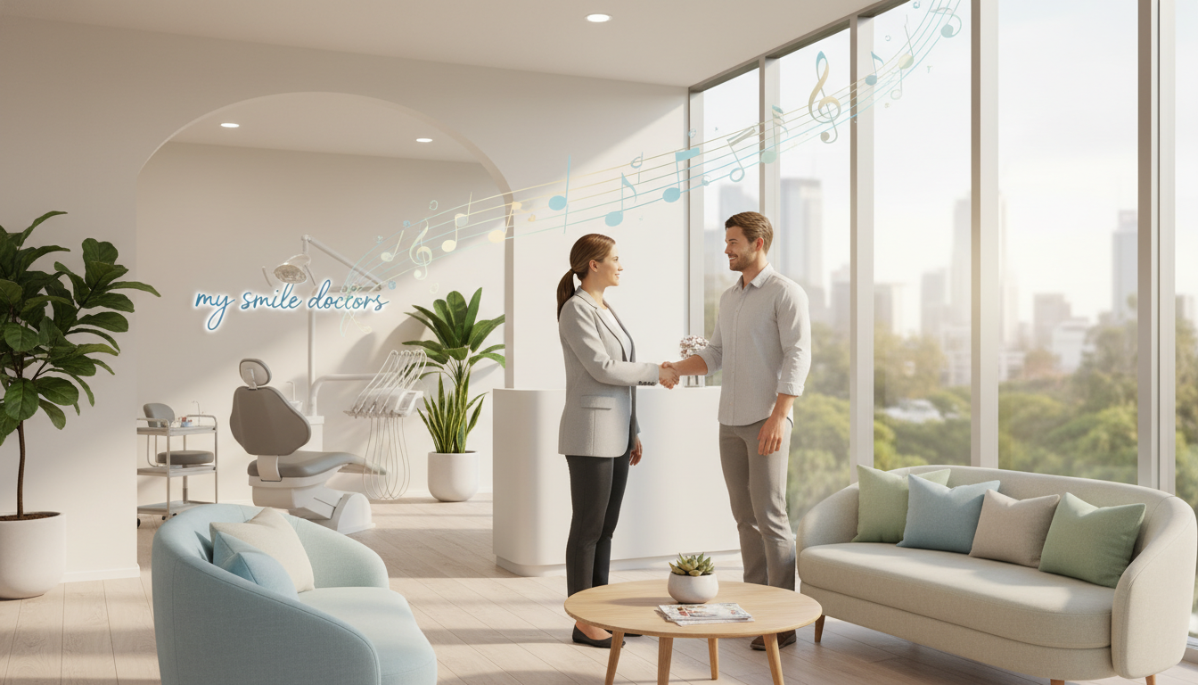 A serene dental clinic scene in Parramatta emphasizing patient comfort. In the foreground, a welcoming reception area features a comfortable seating arrangement with plush chairs and soft cushions, all in calming pastel colors. A friendly dental professional in smart attire greets a patient with a warm smile, conveying a sense of trust. In the middle ground, a treatment room is visible with modern dental equipment, soft lighting creating a relaxed atmosphere. The background showcases large windows allowing natural light to flood the space, plants adding a touch of nature. Soft music notes visually represented float in the air, enhancing the soothing ambiance. The logo "my smile doctors" subtly incorporated into the design. The overall mood is inviting, reassuring, and focused on high-quality patient care. A serene dental clinic scene in Parramatta emphasizing patient comfort. In the foreground, a welcoming reception area features a comfortable seating arrangement with plush chairs and soft cushions, all in calming pastel colors. A friendly dental professional in smart attire greets a patient with a warm smile, conveying a sense of trust. In the middle ground, a treatment room is visible with modern dental equipment, soft lighting creating a relaxed atmosphere. The background showcases large windows allowing natural light to flood the space, plants adding a touch of nature. Soft music notes visually represented float in the air, enhancing the soothing ambiance. The logo "my smile doctors" subtly incorporated into the design. The overall mood is inviting, reassuring, and focused on high-quality patient care.