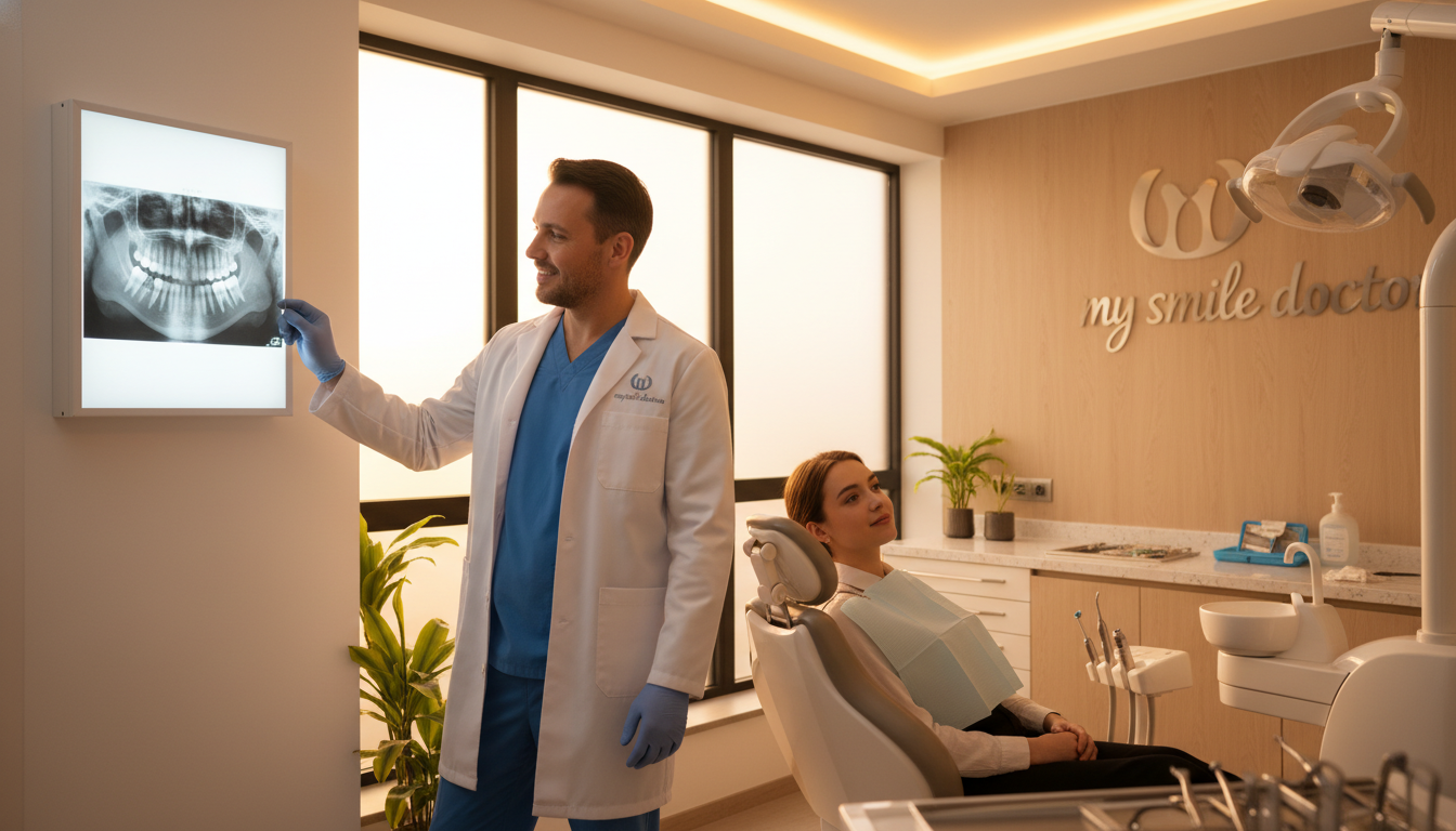 A serene dental clinic setting focused on a wisdom teeth removal procedure. In the foreground, a compassionate dentist in professional attire carefully examines an X-ray on a lightbox, showing impacted wisdom teeth. In the middle ground, a patient sits comfortably in a dental chair, looking relaxed and calm, with a soothing atmosphere created by warm, soft lighting. The dentist wears a gentle smile, conveying a sense of reassurance. In the background, dental tools are neatly arranged on a counter, emphasizing a clean and organized environment. The brand name "my smile doctors" is subtly integrated into the decor. The overall mood is one of trust and compassion, highlighting the importance of prompt treatment for wisdom tooth extraction. A serene dental clinic setting focused on a wisdom teeth removal procedure. In the foreground, a compassionate dentist in professional attire carefully examines an X-ray on a lightbox, showing impacted wisdom teeth. In the middle ground, a patient sits comfortably in a dental chair, looking relaxed and calm, with a soothing atmosphere created by warm, soft lighting. The dentist wears a gentle smile, conveying a sense of reassurance. In the background, dental tools are neatly arranged on a counter, emphasizing a clean and organized environment. The brand name "my smile doctors" is subtly integrated into the decor. The overall mood is one of trust and compassion, highlighting the importance of prompt treatment for wisdom tooth extraction.