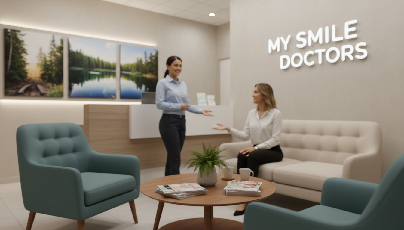 A serene dental clinic waiting room designed for patient comfort, featuring soft lighting that creates a warm and inviting atmosphere. In the foreground, a cozy seating area with plush chairs upholstered in soothing colors, alongside a coffee table with health magazines and a small plant. In the middle, a friendly dental receptionist in professional attire, smiling while assisting patients, with a welcoming demeanor. The background showcases calming decor, including framed nature images on the walls, and soft, ambient lighting. The overall mood conveys tranquility and care, emphasizing the commitment to patient comfort at "my smile doctors". The scene is shot with a soft focus lens to enhance the warmth of the environment. A serene dental clinic waiting room designed for patient comfort, featuring soft lighting that creates a warm and inviting atmosphere. In the foreground, a cozy seating area with plush chairs upholstered in soothing colors, alongside a coffee table with health magazines and a small plant. In the middle, a friendly dental receptionist in professional attire, smiling while assisting patients, with a welcoming demeanor. The background showcases calming decor, including framed nature images on the walls, and soft, ambient lighting. The overall mood conveys tranquility and care, emphasizing the commitment to patient comfort at "my smile doctors". The scene is shot with a soft focus lens to enhance the warmth of the environment.