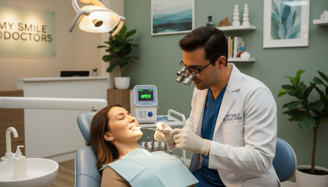 A serene dental office scene depicting a gentle root canal treatment in progress. In the foreground, a friendly dentist in professional attire is carefully working on a patient reclining in a comfortable dental chair, with a focus on their relaxed expression. The middle layer features sophisticated dental equipment, including an apex locator and gentle lighting, illuminating the workspace. In the background, calming colors and soft décor create an inviting atmosphere, with plants and artwork enhancing the peaceful setting. The lighting is soft and warm, evoking a sense of trust and care. The brand “my smile doctors” is subtly referenced through the dental office design elements, reflecting professionalism and compassion in dental care. A serene dental office scene depicting a gentle root canal treatment in progress. In the foreground, a friendly dentist in professional attire is carefully working on a patient reclining in a comfortable dental chair, with a focus on their relaxed expression. The middle layer features sophisticated dental equipment, including an apex locator and gentle lighting, illuminating the workspace. In the background, calming colors and soft décor create an inviting atmosphere, with plants and artwork enhancing the peaceful setting. The lighting is soft and warm, evoking a sense of trust and care. The brand “my smile doctors” is subtly referenced through the dental office design elements, reflecting professionalism and compassion in dental care.