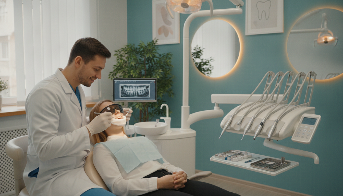 A serene dental office setting showcasing restorative care for smiles. In the foreground, a caring dentist in professional attire is gently working on a patient reclined in a comfortable dental chair, showcasing a warm and inviting expression. The middle ground displays dental equipment neatly arranged, with soft ambient lighting enhancing the relaxing atmosphere. The background features calming colors on the walls, framed dental art, and a plant for a touch of nature, emphasizing tranquility. Soft natural light streams through a window, creating a welcoming environment. The image captures the essence of compassionate care, promoting a sense of comfort and well-being in dental health.