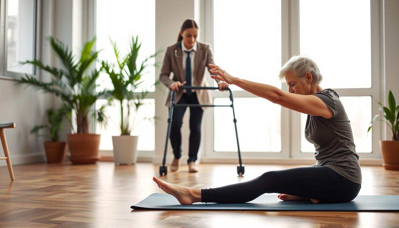 A serene indoor rehabilitation setting illustrating mobility and daily activity adjustments for post-operative care. In the foreground, a middle-aged person in modest casual clothing practices gentle stretches on a yoga mat, demonstrating determination and focus. In the middle ground, a physical therapist, dressed in professional business attire, assists another patient using a walker, highlighting supportive interaction. The background features large windows with soft, natural light flooding the room, creating a warm and inviting atmosphere. Potted plants add a touch of greenery, symbolizing growth and recovery. The overall mood is hopeful and encouraging, emphasizing progress in mobility post-surgery, captured with a slight depth of field to enhance the subjects’ engagement.