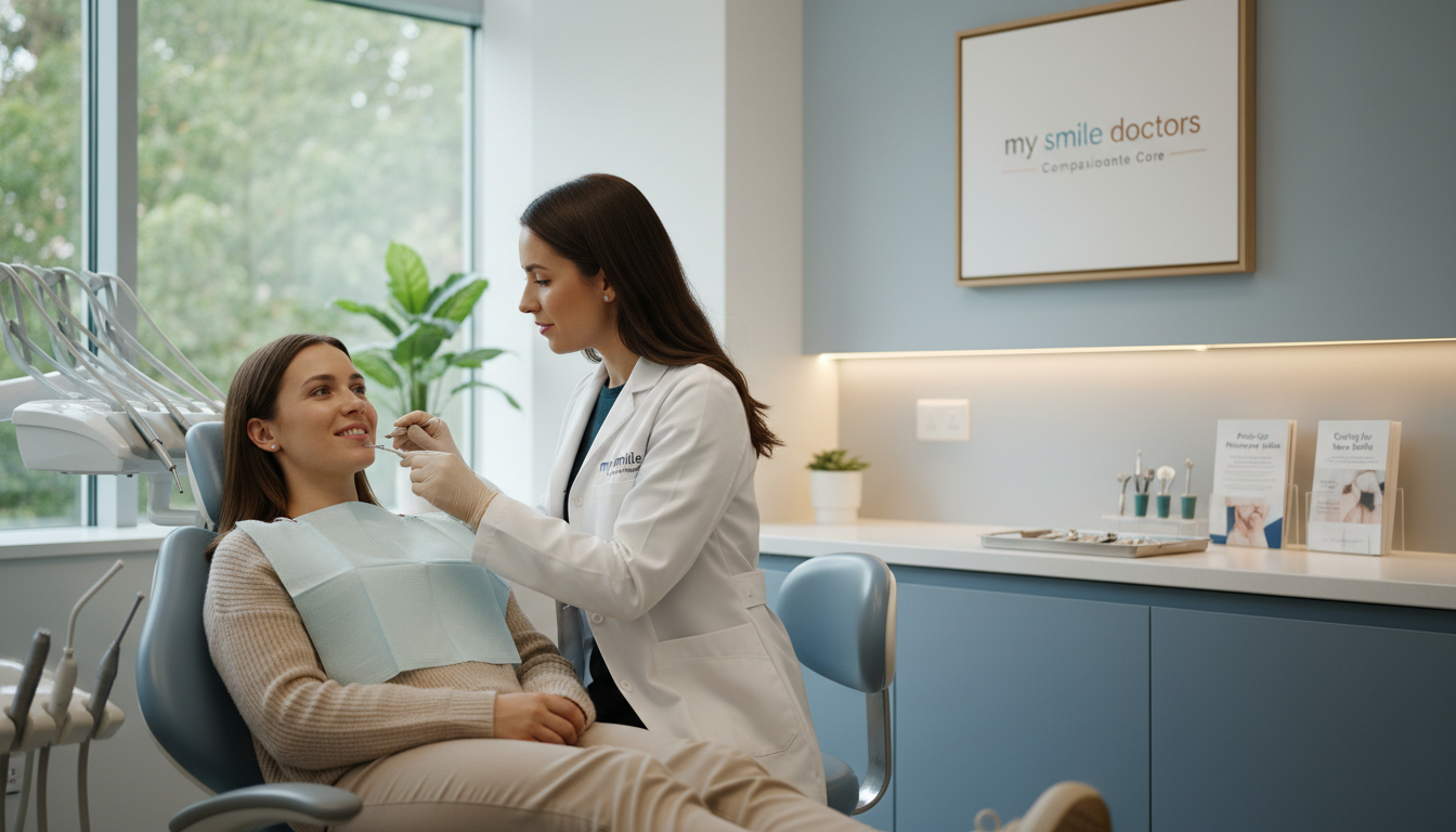 A serene post-operative care scene in a bright, inviting clinic setting. In the foreground, a patient in cozy, modest clothing sits comfortably in a dental chair, displaying a relaxed expression. A dental professional wearing a clean lab coat is attentively checking the patient's healing, demonstrating compassion and expertise. The middle ground features a well-organized clinical workspace with soft lighting, instruments, and pamphlets regarding recovery. In the background, subtle greenery can be seen through large windows, allowing natural light to filter in, creating a calm atmosphere. The overall mood is reassuring and professional, highlighting the theme of compassionate care in dentistry. Incorporate the brand name "my smile doctors" through decor elements, emphasizing a sense of trust and quality in the post-operative experience. A serene post-operative care scene in a bright, inviting clinic setting. In the foreground, a patient in cozy, modest clothing sits comfortably in a dental chair, displaying a relaxed expression. A dental professional wearing a clean lab coat is attentively checking the patient's healing, demonstrating compassion and expertise. The middle ground features a well-organized clinical workspace with soft lighting, instruments, and pamphlets regarding recovery. In the background, subtle greenery can be seen through large windows, allowing natural light to filter in, creating a calm atmosphere. The overall mood is reassuring and professional, highlighting the theme of compassionate care in dentistry. Incorporate the brand name "my smile doctors" through decor elements, emphasizing a sense of trust and quality in the post-operative experience.