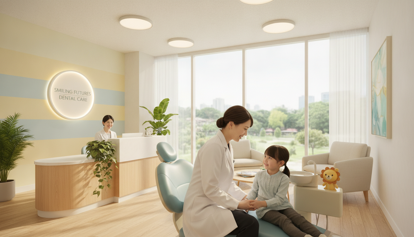 A serene, welcoming dental office environment that embodies quality care and friendly service. In the foreground, a professional dentist in a crisp white lab coat, wearing a warm smile, is gently reassuring a child seated in a modern dental chair, designed with soft colors and comfortable materials. The middle ground features a well-organized reception area with a friendly receptionist, showcasing bright, inviting colors and plants that enhance the atmosphere. In the background, large windows allow natural light to flood the space, creating a bright, cheerful ambiance. The lighting is soft and diffused, adding a calming effect. The overall mood is one of warmth and trust, emphasizing the commitment to quality care in a friendly, professional setting.
