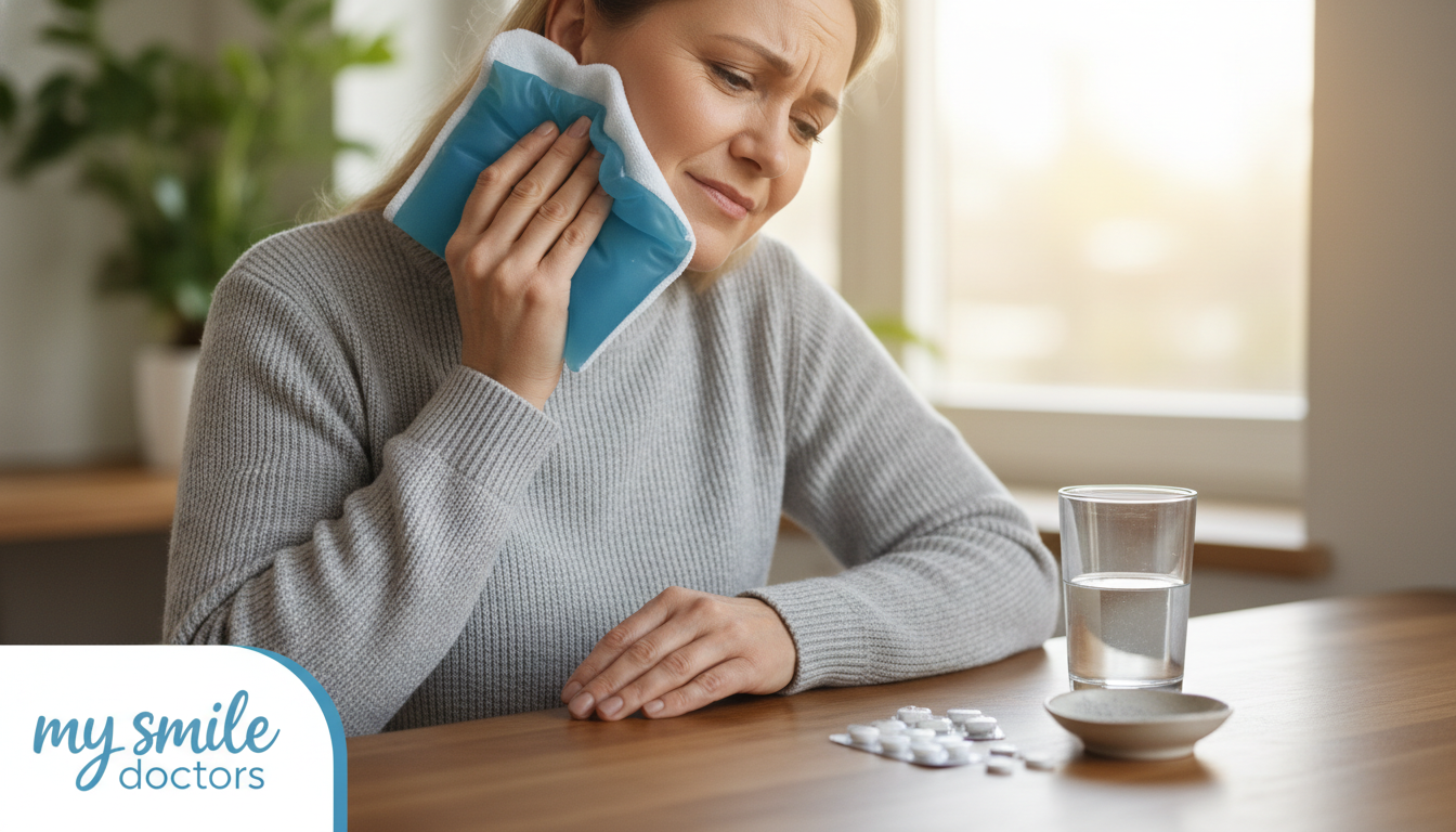 A soothing image of a person applying a cold compress to their jaw, illustrating immediate steps for pain relief. In the foreground, a focused, middle-aged individual in a modest casual outfit is gently holding a soft ice pack against their cheek, showing a look of relief. In the middle ground, a neatly organized kitchen counter with a glass of water and some aspirin pills can be seen, hinting at home comfort and first aid. The background features warm, soft lighting that creates a calming atmosphere, with hints of greenery peeking through a window, promoting a sense of tranquility. The scene subtly incorporates a branded element, "my smile doctors," ensuring the focus remains on the pain relief process. A soothing image of a person applying a cold compress to their jaw, illustrating immediate steps for pain relief. In the foreground, a focused, middle-aged individual in a modest casual outfit is gently holding a soft ice pack against their cheek, showing a look of relief. In the middle ground, a neatly organized kitchen counter with a glass of water and some aspirin pills can be seen, hinting at home comfort and first aid. The background features warm, soft lighting that creates a calming atmosphere, with hints of greenery peeking through a window, promoting a sense of tranquility. The scene subtly incorporates a branded element, "my smile doctors," ensuring the focus remains on the pain relief process.