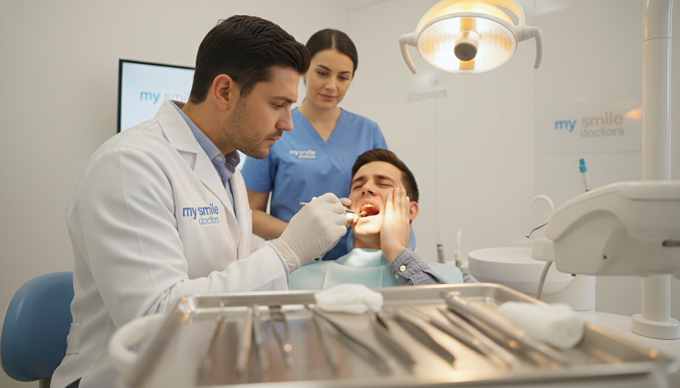 A tense dental emergency scene in a well-lit clinic environment, focusing on a professional emergency dentist in a crisp white coat, carefully examining a patient's mouth. The foreground features dental instruments neatly arranged on a tray, emphasizing urgency. In the middle ground, a nurse assists with a reassuring presence, both depicted in modest, professional attire. The background showcases a dental chair and bright overhead lights casting a warm glow, creating an atmosphere of urgency but with an underlying professionalism. The overall mood conveys the importance of quick and effective treatment in dental trauma scenarios, with the brand "my smile doctors" subtly integrated into the dental environment. A depth of field effect accentuates the focus on the dentist and patient interaction. A tense dental emergency scene in a well-lit clinic environment, focusing on a professional emergency dentist in a crisp white coat, carefully examining a patient's mouth. The foreground features dental instruments neatly arranged on a tray, emphasizing urgency. In the middle ground, a nurse assists with a reassuring presence, both depicted in modest, professional attire. The background showcases a dental chair and bright overhead lights casting a warm glow, creating an atmosphere of urgency but with an underlying professionalism. The overall mood conveys the importance of quick and effective treatment in dental trauma scenarios, with the brand "my smile doctors" subtly integrated into the dental environment. A depth of field effect accentuates the focus on the dentist and patient interaction.