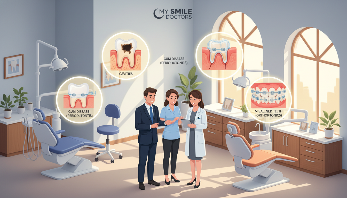 A visually engaging and informative illustration depicting common dental issues we treat at my smile doctors. In the foreground, a diverse group of three dental professionals dressed in professional business attire, showcasing a dentist, a dental hygienist, and an orthodontist, attentively discussing a dental chart. In the middle ground, detailed visuals of dental conditions such as cavities, gum disease, and misaligned teeth represented in clear, labeled graphics. The background features a modern dental clinic setting with bright, warm lighting to create a welcoming atmosphere. The image is captured from a slightly elevated angle to emphasize the interaction among the dental professionals and the dental visuals, creating an educational yet approachable mood. A visually engaging and informative illustration depicting common dental issues we treat at my smile doctors. In the foreground, a diverse group of three dental professionals dressed in professional business attire, showcasing a dentist, a dental hygienist, and an orthodontist, attentively discussing a dental chart. In the middle ground, detailed visuals of dental conditions such as cavities, gum disease, and misaligned teeth represented in clear, labeled graphics. The background features a modern dental clinic setting with bright, warm lighting to create a welcoming atmosphere. The image is captured from a slightly elevated angle to emphasize the interaction among the dental professionals and the dental visuals, creating an educational yet approachable mood.