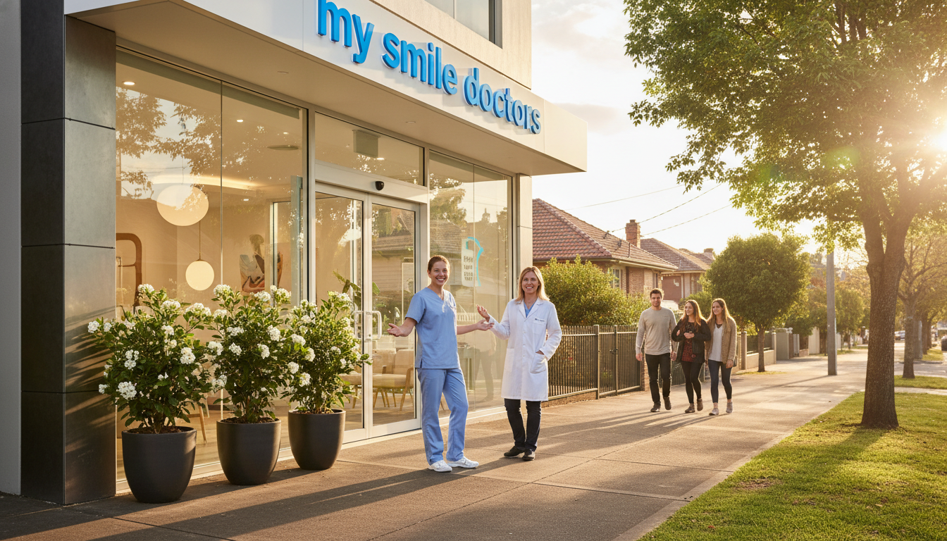 A vivid street scene depicting Grose Street in Parramatta, showcasing a modern dental clinic branded with the name "my smile doctors" prominently displayed. The foreground should feature a well-maintained sidewalk with a few potted plants, reflecting a friendly and inviting atmosphere. In the middle ground, the dental clinic's entrance is visible, with large glass doors and a bright, welcoming interior illuminated by soft, warm lighting. Friendly dental professionals in professional attire stand outside, ready to assist, smiling and engaging with potential clients. The background should include leafy trees lining the street and residential buildings, adding a suburban charm. The image should be captured during the golden hour, creating a warm, inviting mood with a slight lens flare. Focus on a slight upward angle to make the clinic appear inviting and prominent. A vivid street scene depicting Grose Street in Parramatta, showcasing a modern dental clinic branded with the name "my smile doctors" prominently displayed. The foreground should feature a well-maintained sidewalk with a few potted plants, reflecting a friendly and inviting atmosphere. In the middle ground, the dental clinic's entrance is visible, with large glass doors and a bright, welcoming interior illuminated by soft, warm lighting. Friendly dental professionals in professional attire stand outside, ready to assist, smiling and engaging with potential clients. The background should include leafy trees lining the street and residential buildings, adding a suburban charm. The image should be captured during the golden hour, creating a warm, inviting mood with a slight lens flare. Focus on a slight upward angle to make the clinic appear inviting and prominent.