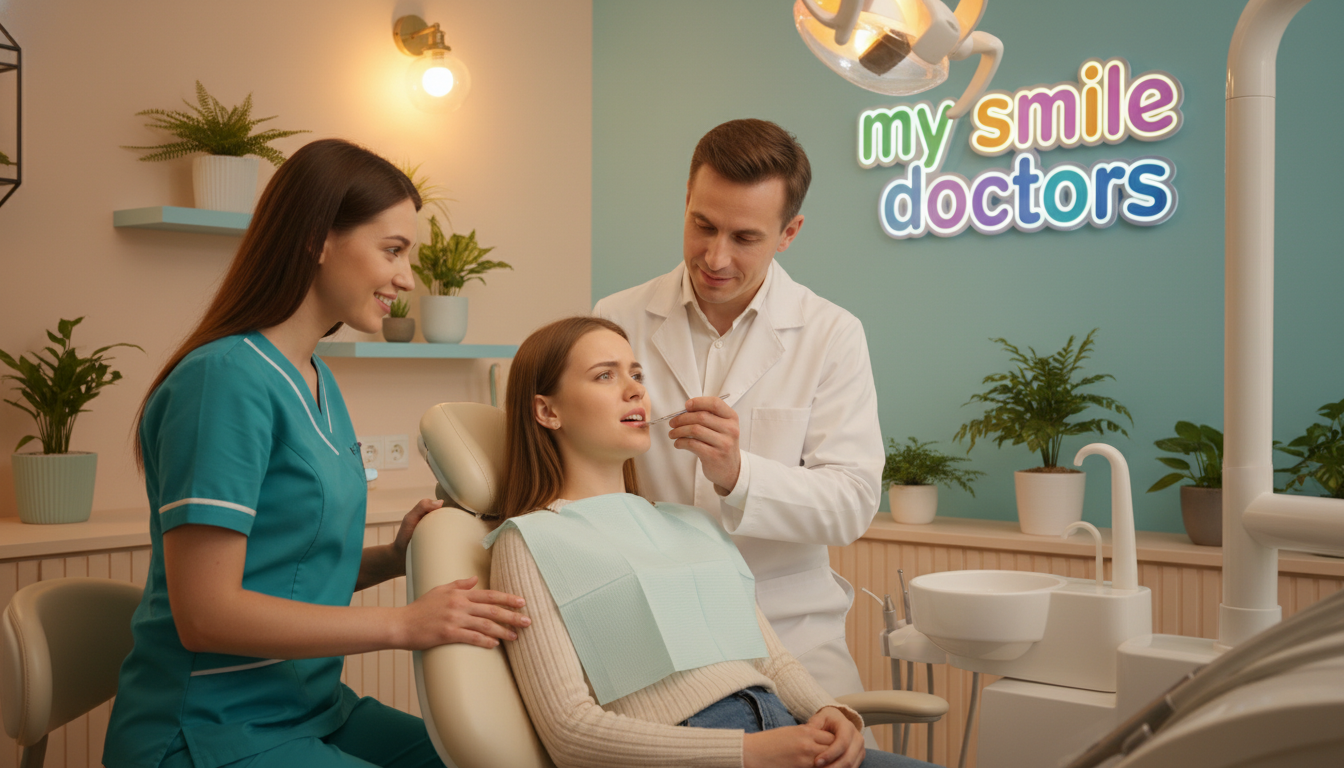 A warm and inviting dental clinic environment emphasizing patient comfort and care. In the foreground, a friendly dental assistant in professional attire smiles reassuringly at an anxious patient sitting in a modern dental chair, embellished with soft cushions. In the middle, a dentist in a white coat gently examines the patient's teeth, showcasing a caring and empathetic demeanor. The clinic is designed to evoke tranquility, featuring pastel-colored walls, warm lighting, and plants for a soothing atmosphere. In the background, a colorful "my smile doctors" sign enhances the welcoming ambiance. The lighting is soft and diffused, creating an uplifting mood. The scene should convey a sense of trust and support, suitable for emergency dental care settings. A warm and inviting dental clinic environment emphasizing patient comfort and care. In the foreground, a friendly dental assistant in professional attire smiles reassuringly at an anxious patient sitting in a modern dental chair, embellished with soft cushions. In the middle, a dentist in a white coat gently examines the patient's teeth, showcasing a caring and empathetic demeanor. The clinic is designed to evoke tranquility, featuring pastel-colored walls, warm lighting, and plants for a soothing atmosphere. In the background, a colorful "my smile doctors" sign enhances the welcoming ambiance. The lighting is soft and diffused, creating an uplifting mood. The scene should convey a sense of trust and support, suitable for emergency dental care settings.