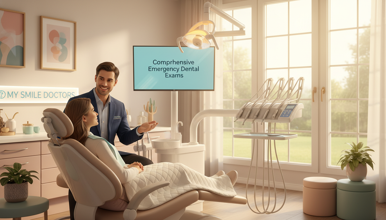 A warm and inviting dental examination room, designed for patient comfort and care, showcasing the brand "my smile doctors". In the foreground, a well-organized dental chair with soft cushions, surrounded by calming pastel-colored decorations. A friendly dentist, dressed in professional business attire, is gently explaining the procedure to a relaxed patient seated in the chair, exuding empathy and reassurance. In the middle ground, various dental tools and equipment are neatly arranged on a clean counter, reflecting a professional environment. The background features large windows with natural light streaming in, illuminating the room and creating a serene atmosphere. Soft lighting enhances the inviting mood, promoting a sense of trust and safety, ideal for comprehensive emergency dental exams. A warm and inviting dental examination room, designed for patient comfort and care, showcasing the brand "my smile doctors". In the foreground, a well-organized dental chair with soft cushions, surrounded by calming pastel-colored decorations. A friendly dentist, dressed in professional business attire, is gently explaining the procedure to a relaxed patient seated in the chair, exuding empathy and reassurance. In the middle ground, various dental tools and equipment are neatly arranged on a clean counter, reflecting a professional environment. The background features large windows with natural light streaming in, illuminating the room and creating a serene atmosphere. Soft lighting enhances the inviting mood, promoting a sense of trust and safety, ideal for comprehensive emergency dental exams.
