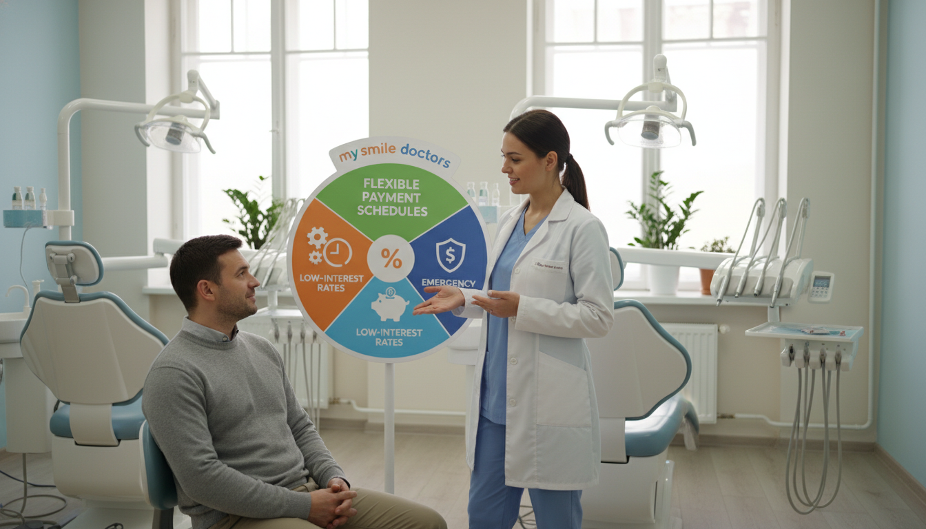 A warm and inviting dental office scene showcasing affordable emergency dental financing options. In the foreground, a friendly dental professional in professional attire is speaking with a patient, who appears relieved and optimistic. The middle ground features a colorful display board illustrating various financing plans with clear icons and symbols, such as flexible payment schedules and low-interest rates. The background includes soft, natural lighting from large windows, giving a calming atmosphere. Elements like dental chairs and bright, clean decor enhance the setting. Subtly include the brand name "my smile doctors" on the display board, ensuring it blends naturally into the scene. The image conveys a sense of comfort, trust, and accessibility for patients seeking financial solutions for dental emergencies. A warm and inviting dental office scene showcasing affordable emergency dental financing options. In the foreground, a friendly dental professional in professional attire is speaking with a patient, who appears relieved and optimistic. The middle ground features a colorful display board illustrating various financing plans with clear icons and symbols, such as flexible payment schedules and low-interest rates. The background includes soft, natural lighting from large windows, giving a calming atmosphere. Elements like dental chairs and bright, clean decor enhance the setting. Subtly include the brand name "my smile doctors" on the display board, ensuring it blends naturally into the scene. The image conveys a sense of comfort, trust, and accessibility for patients seeking financial solutions for dental emergencies.