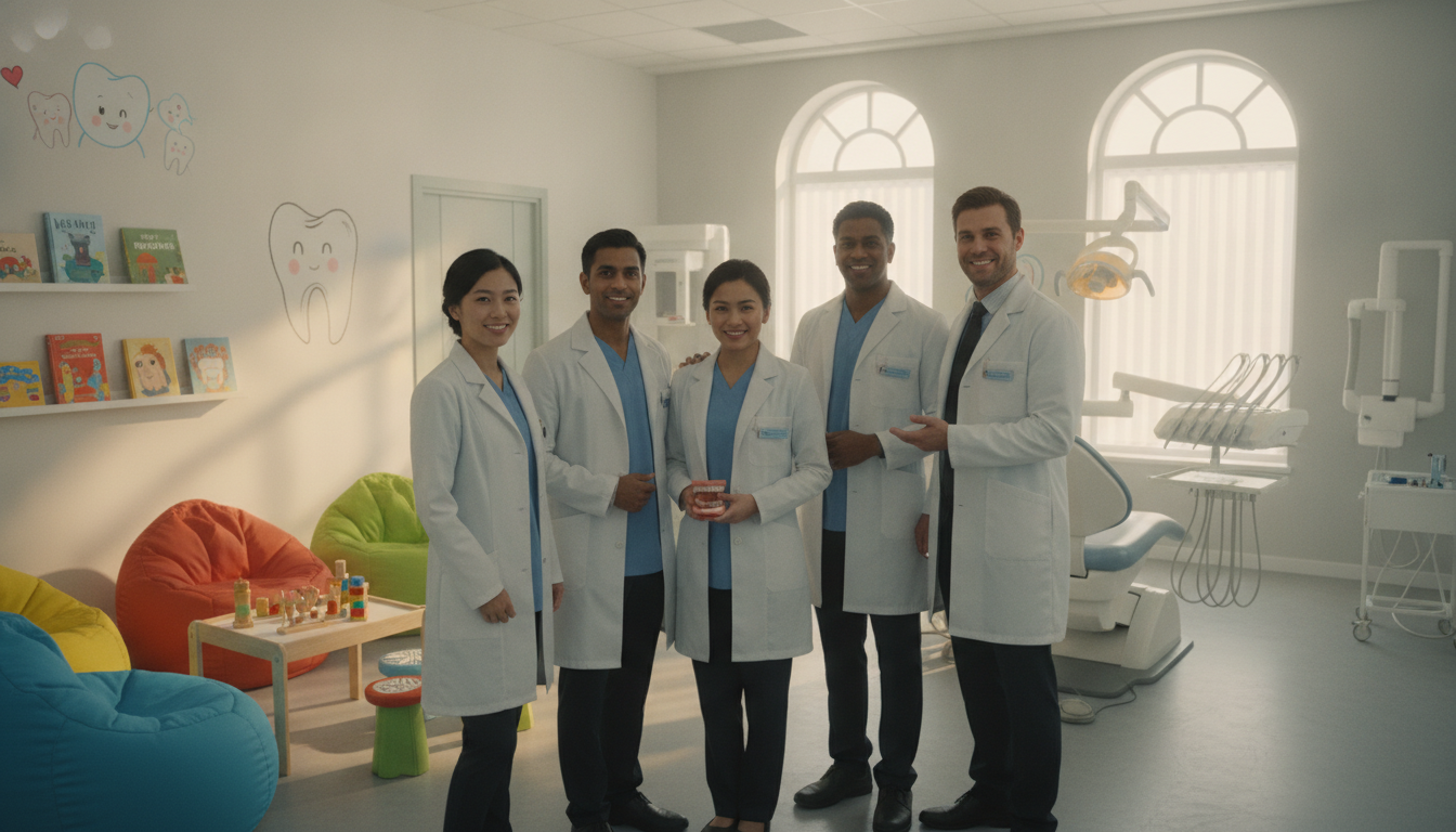 A warm and inviting pediatric dental office setting. In the foreground, a diverse group of five young dental professionals of varying ethnicities, wearing smart, professional attire and friendly smiles, stand together, showcasing their dedication. The middle ground features a bright, cheerful waiting area with colorful artwork and children's toys, creating a welcoming atmosphere for kids. In the background, dental tools and equipment are subtly arranged, emphasizing professionalism. Soft, natural lighting flows in from large windows, casting gentle shadows. The angle captures the team's camaraderie and warmth, inviting young patients and their families into a caring environment dedicated to pediatric dental health. A warm and inviting pediatric dental office setting. In the foreground, a diverse group of five young dental professionals of varying ethnicities, wearing smart, professional attire and friendly smiles, stand together, showcasing their dedication. The middle ground features a bright, cheerful waiting area with colorful artwork and children's toys, creating a welcoming atmosphere for kids. In the background, dental tools and equipment are subtly arranged, emphasizing professionalism. Soft, natural lighting flows in from large windows, casting gentle shadows. The angle captures the team's camaraderie and warmth, inviting young patients and their families into a caring environment dedicated to pediatric dental health.
