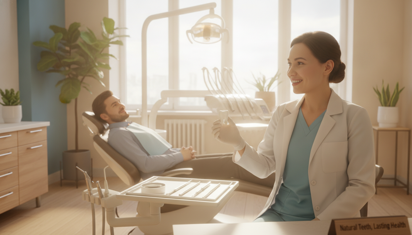 A warm, inviting dental office scene showcasing the benefits of saving a natural tooth. In the foreground, a smiling dentist in professional attire gently holds a healthy natural tooth, demonstrating its importance. The middle ground features a patient reclining in a dental chair, looking relaxed and reassured, while dental tools are neatly arranged on a tray nearby. In the background, soft, natural light filters through large windows, illuminating potted plants that symbolize vitality and health, creating a serene atmosphere. The color palette is warm and soothing, with earthy tones and soft blues, evoking a sense of care and comfort. The overall mood is positive and encouraging, highlighting the value of preserving natural teeth and promoting dental health.