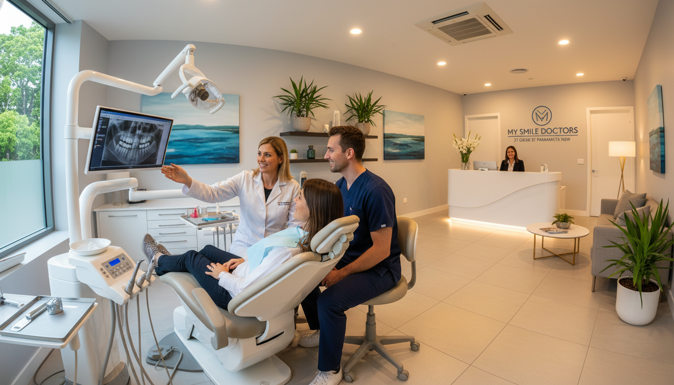 A welcoming and professional emergency dental clinic interior at "my smile doctors," located at 37 Grose St Parramatta NSW. In the foreground, a friendly dentist in a white coat and a dental assistant in smart casual attire are engaging with a patient seated in a modern dental chair. The middle ground showcases dental equipment and calming decor like plants and soothing artwork. The background features a reception area with a friendly receptionist behind a sleek desk. Soft, warm lighting fills the room, enhancing the inviting atmosphere. Use a slight wide-angle lens perspective to capture the entire scene, emphasizing the professionalism and comfort of the environment, encouraging patients to feel at ease during their visit. A welcoming and professional emergency dental clinic interior at "my smile doctors," located at 37 Grose St Parramatta NSW. In the foreground, a friendly dentist in a white coat and a dental assistant in smart casual attire are engaging with a patient seated in a modern dental chair. The middle ground showcases dental equipment and calming decor like plants and soothing artwork. The background features a reception area with a friendly receptionist behind a sleek desk. Soft, warm lighting fills the room, enhancing the inviting atmosphere. Use a slight wide-angle lens perspective to capture the entire scene, emphasizing the professionalism and comfort of the environment, encouraging patients to feel at ease during their visit.