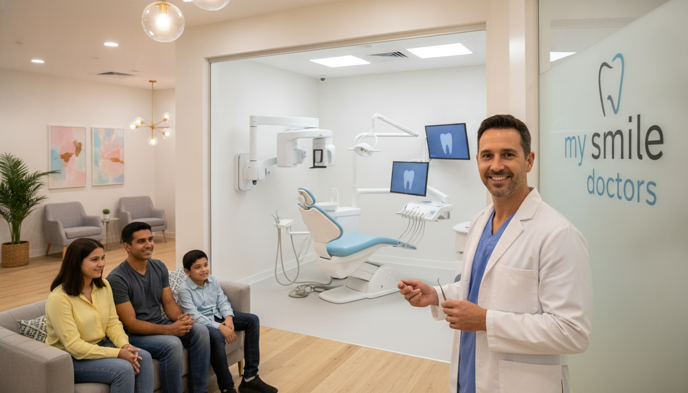 A welcoming dental clinic setting featuring a modern reception area with comfortable seating and warm lighting. In the foreground, a friendly dentist in professional attire, wearing a white coat and holding dental tools, smiles at a diverse family waiting with eager expressions. In the middle, a detailed dental consultation area showcases advanced equipment, like an examination chair and digital x-ray screens, emphasizing cutting-edge technology. The background includes soft-focus elements of a serene waiting room adorned with plants and calming artwork, creating a soothing atmosphere. The overall ambiance is friendly, professional, and inviting, reflecting the expertise of "my smile doctors" and emphasizing dental care dedicated to families.