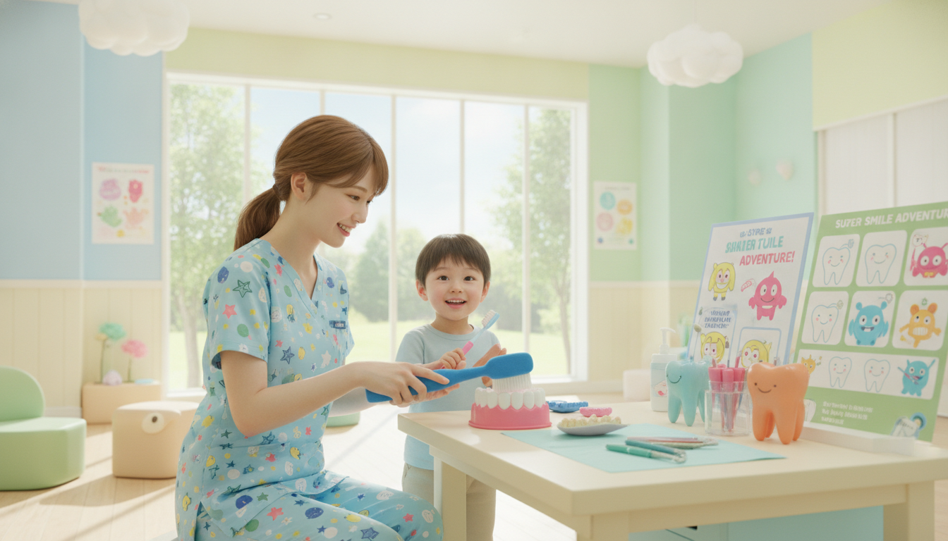 A welcoming pediatric dental clinic designed for children, with bright, cheerful colors and playful decor. In the foreground, a smiling dentist, dressed in professional attire, is gently demonstrating proper brushing techniques to a child, showcasing a friendly interaction. The middle ground features an array of colorful dental tools and educational materials, like fun charts illustrating dental hygiene. In the background, large windows let in soft, natural light, illuminating the space and creating a warm, inviting atmosphere. Soft pastel tones dominate the color palette, enhancing the cheerful mood. The angle captures the engaging nature of the consultation, focusing on the dentist's caring demeanor and the child's curiosity, conveying the essence of comprehensive pediatric dentistry care. A welcoming pediatric dental clinic designed for children, with bright, cheerful colors and playful decor. In the foreground, a smiling dentist, dressed in professional attire, is gently demonstrating proper brushing techniques to a child, showcasing a friendly interaction. The middle ground features an array of colorful dental tools and educational materials, like fun charts illustrating dental hygiene. In the background, large windows let in soft, natural light, illuminating the space and creating a warm, inviting atmosphere. Soft pastel tones dominate the color palette, enhancing the cheerful mood. The angle captures the engaging nature of the consultation, focusing on the dentist's caring demeanor and the child's curiosity, conveying the essence of comprehensive pediatric dentistry care.