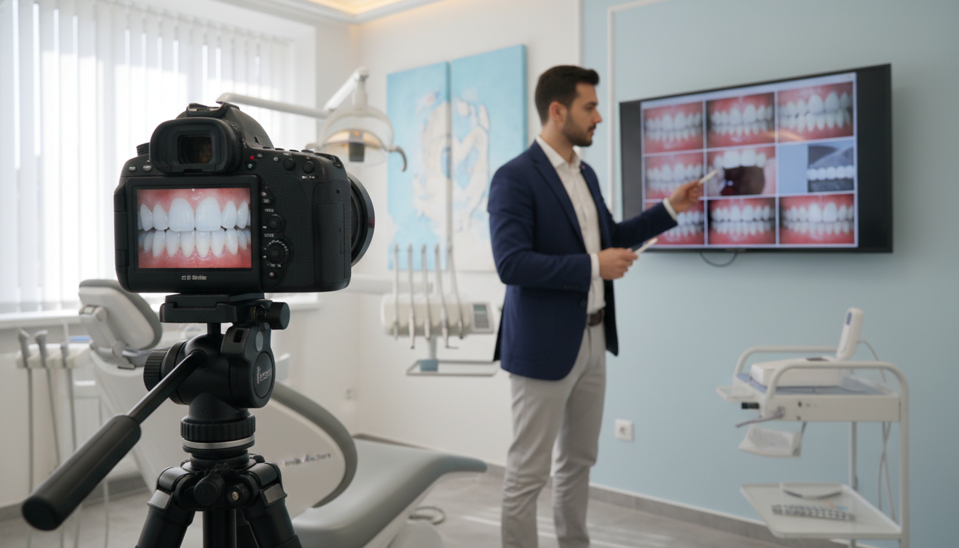 A well-lit dental clinic showcasing a digital photography setup with a focus on teeth. In the foreground, a high-resolution camera on a tripod captures a close-up of a patient's teeth, highlighting the clarity and detail. The middle ground features a dental professional in smart business attire, carefully examining the digital display of the captured images, showcasing modern technology. The background includes sleek dental equipment and bright, inviting colors common in clinics, enhancing the atmosphere of professionalism and care. Soft, natural lighting floods the room, creating a welcoming and innovative feel. The brand "my smile doctors" is subtly integrated into the equipment without being prominent, emphasizing advanced dental treatments and modern care techniques. A well-lit dental clinic showcasing a digital photography setup with a focus on teeth. In the foreground, a high-resolution camera on a tripod captures a close-up of a patient's teeth, highlighting the clarity and detail. The middle ground features a dental professional in smart business attire, carefully examining the digital display of the captured images, showcasing modern technology. The background includes sleek dental equipment and bright, inviting colors common in clinics, enhancing the atmosphere of professionalism and care. Soft, natural lighting floods the room, creating a welcoming and innovative feel. The brand "my smile doctors" is subtly integrated into the equipment without being prominent, emphasizing advanced dental treatments and modern care techniques.