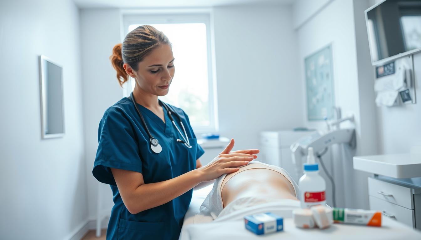 A well-lit, sterile medical room focusing on a professional nurse in smart scrubs gently examining a patient’s surgical wound. In the foreground, the nurse meticulously cleans the bandaged area with antiseptic wipes, showcasing attentive wound management. The middle ground features a treatment table with medical supplies neatly organized, including bandages and ointments, emphasizing a clean and orderly environment. In the background, a window allows natural light to filter in, creating a calm and reassuring atmosphere. Soft colors dominate the scene, enhancing a sense of tranquility and care. The angle is slightly above eye level, providing a clear view of the wound management process while maintaining the professionalism of the setting.