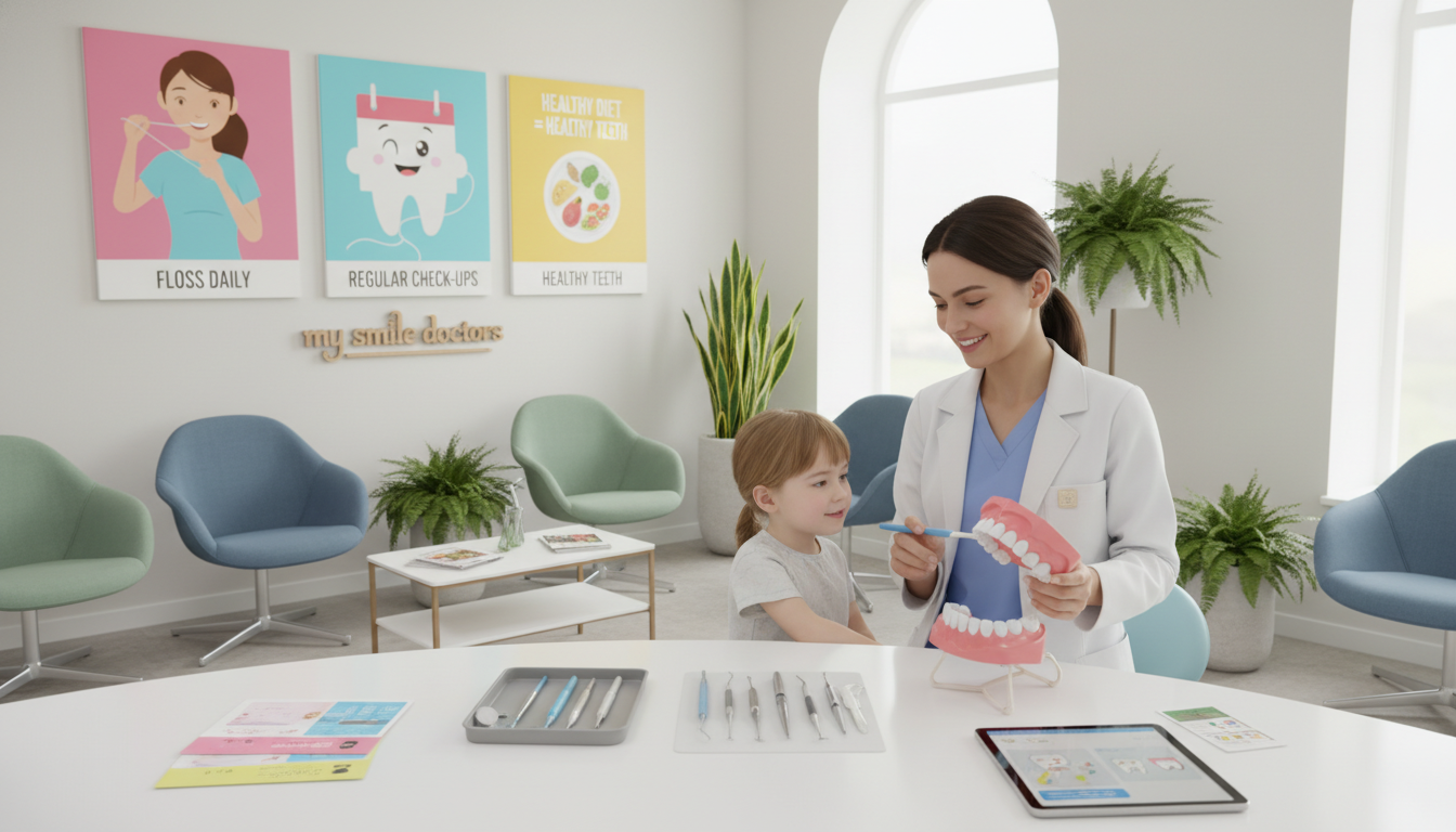 A well-organized dental clinic scene depicting preventive dental measures for long-term oral health. In the foreground, a friendly dentist in professional attire is demonstrating proper brushing techniques on a model of teeth, surrounded by high-quality dental tools and educational materials. In the middle, several colorful posters display tips for oral hygiene, such as flossing and regular check-ups. The background shows an inviting waiting area with comfortable seating and potted plants, ensuring a warm atmosphere. Soft, natural lighting filters through large windows, creating a calm and reassuring mood. The brand name "my smile doctors" is subtly incorporated into the clinic decor. Capture the scene from a slightly elevated angle to emphasize the action and interaction within the space. A well-organized dental clinic scene depicting preventive dental measures for long-term oral health. In the foreground, a friendly dentist in professional attire is demonstrating proper brushing techniques on a model of teeth, surrounded by high-quality dental tools and educational materials. In the middle, several colorful posters display tips for oral hygiene, such as flossing and regular check-ups. The background shows an inviting waiting area with comfortable seating and potted plants, ensuring a warm atmosphere. Soft, natural lighting filters through large windows, creating a calm and reassuring mood. The brand name "my smile doctors" is subtly incorporated into the clinic decor. Capture the scene from a slightly elevated angle to emphasize the action and interaction within the space.