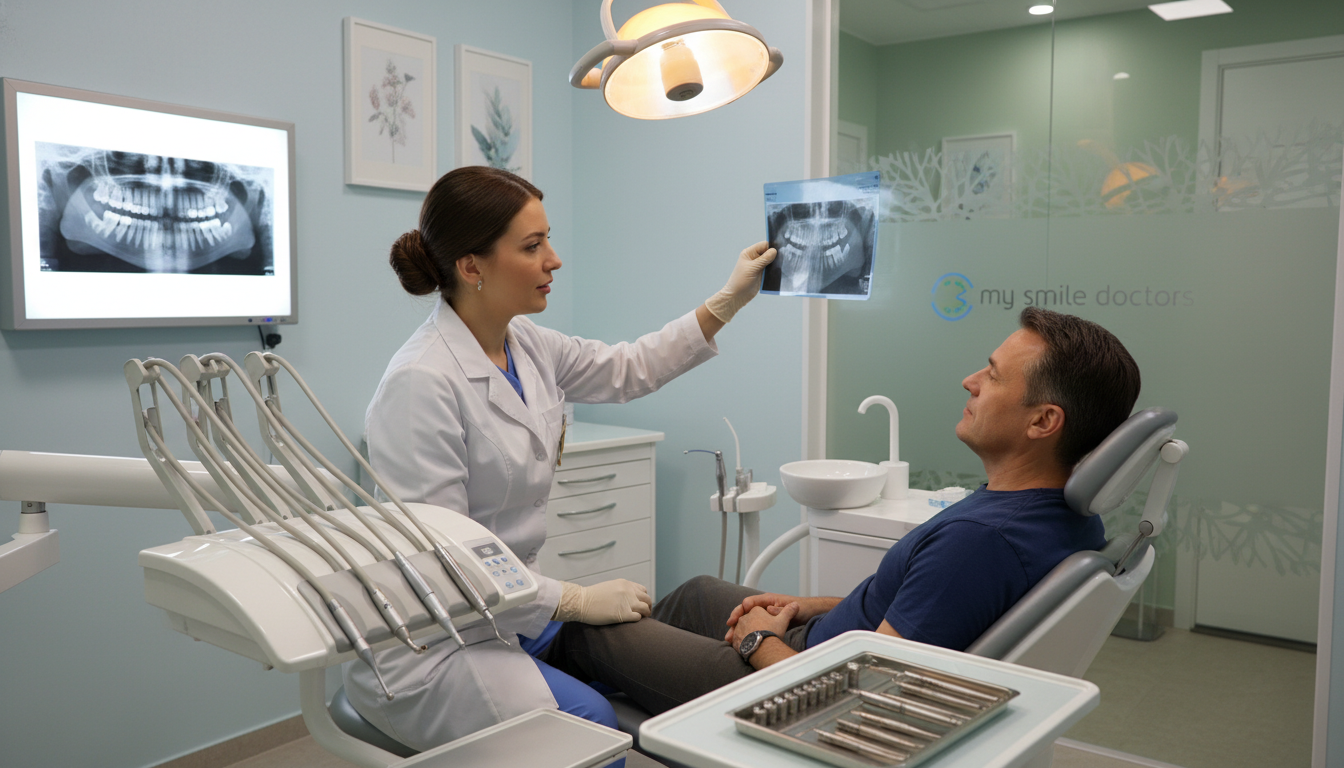 An inviting dental clinic interior showcasing a professional dental treatment space for broken or missing teeth. In the foreground, a dentist wearing a white coat and gloves, engaging with a patient seated in a modern dental chair, examining dental X-rays on a light box. The middle layer features advanced dental equipment, including a suction machine, tools for tooth restoration, and a soft, warm overhead light illuminating the scene for clarity and focus. The background displays soothing colors like light blue and soft greens, creating a calm atmosphere. The branding "my smile doctors" should be subtly integrated into the design of the clinic. The overall mood is reassuring and professional, promoting a sense of trust and quality dental care. An inviting dental clinic interior showcasing a professional dental treatment space for broken or missing teeth. In the foreground, a dentist wearing a white coat and gloves, engaging with a patient seated in a modern dental chair, examining dental X-rays on a light box. The middle layer features advanced dental equipment, including a suction machine, tools for tooth restoration, and a soft, warm overhead light illuminating the scene for clarity and focus. The background displays soothing colors like light blue and soft greens, creating a calm atmosphere. The branding "my smile doctors" should be subtly integrated into the design of the clinic. The overall mood is reassuring and professional, promoting a sense of trust and quality dental care.