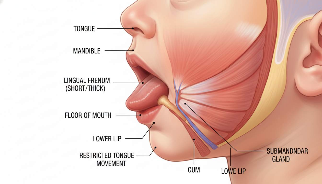 Anatomical diagram showing tongue tie frenulum restriction in infant mouth Anatomical diagram showing tongue tie frenulum restriction in infant mouth