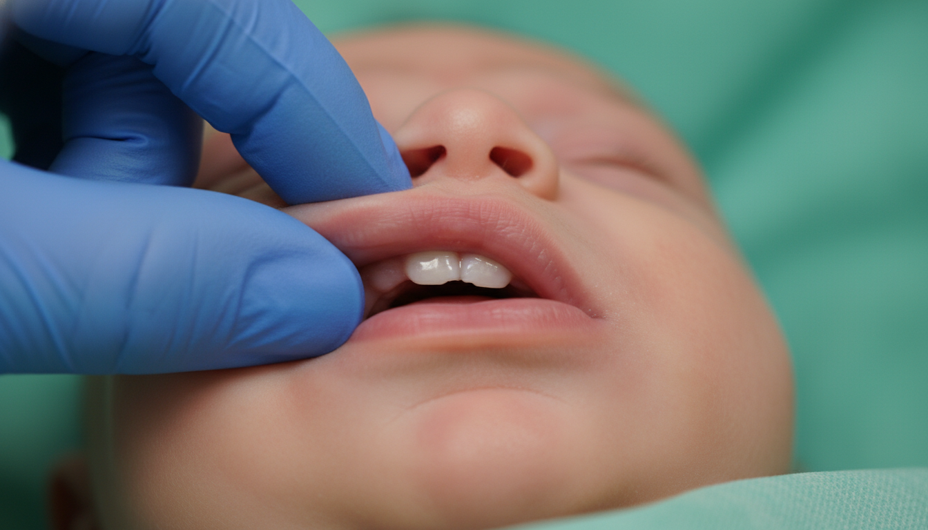 Close-up clinical photograph showing upper lip tie in infant during dental examination