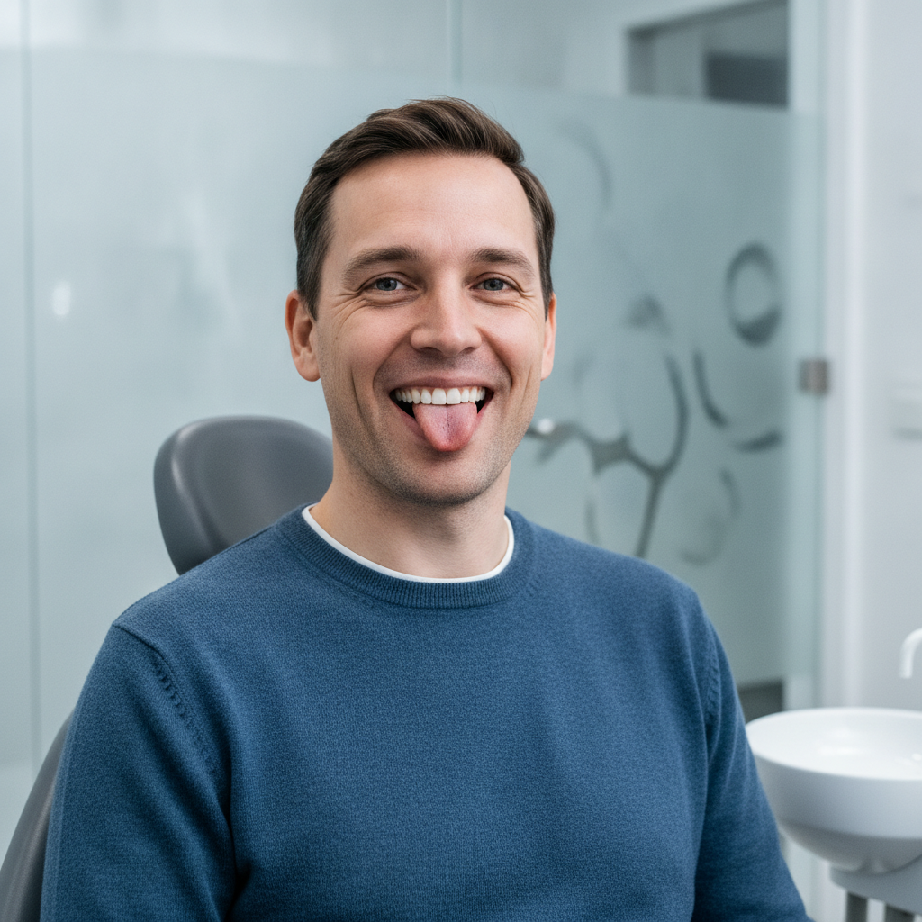 Confident adult smiling after successful tongue tie release procedure showing improved oral mobility